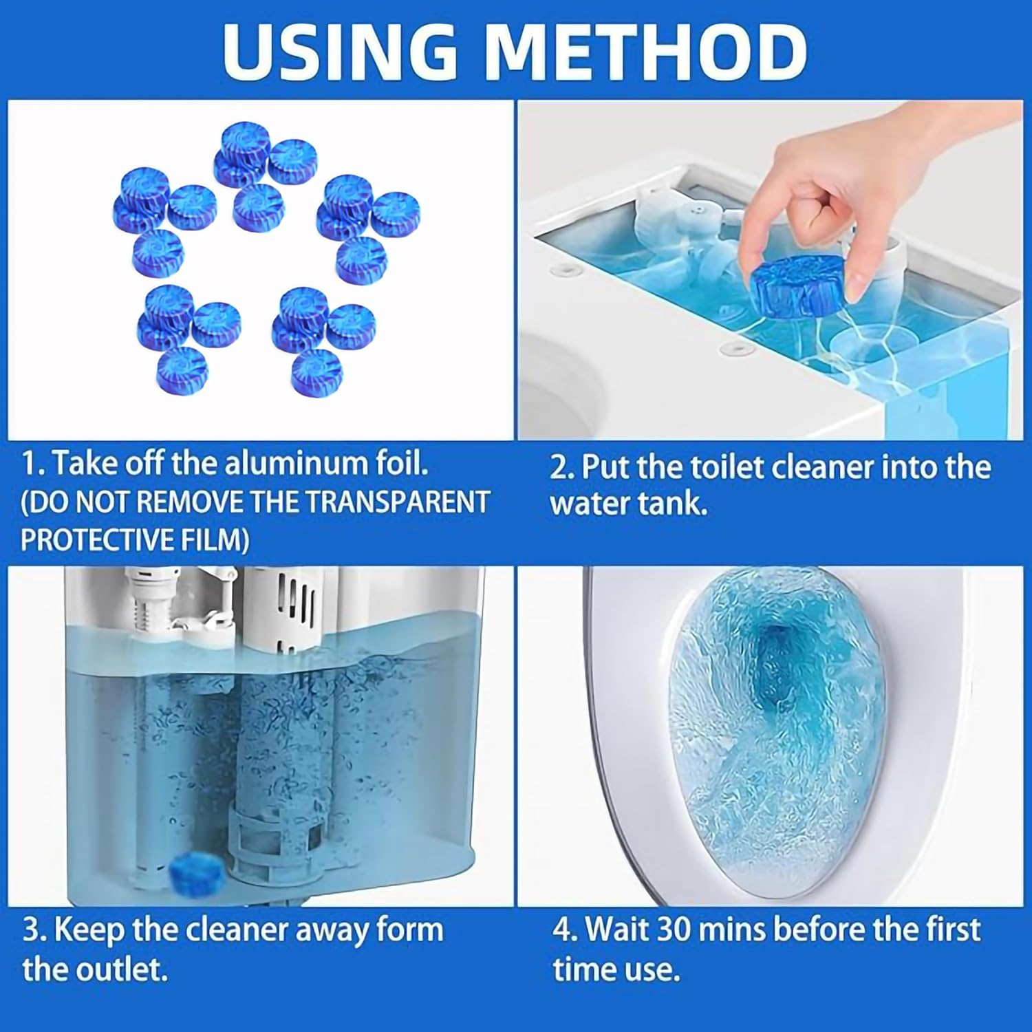 20 Pack Household Automatic Toilet Bowl Cleaner Tablets with No Fragrance, Bathroom Toilet Tank Cleaner Deodorizers (Blue) image number 5