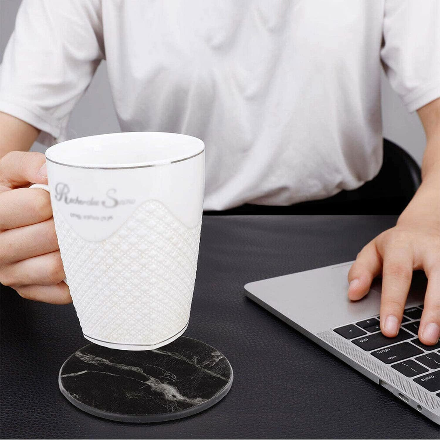 Coasters for Drinks 6 Piece with Holder Marble Texture round Cup Mat Pad Set of Home and Kitchen Use (Marble Black) image number 2