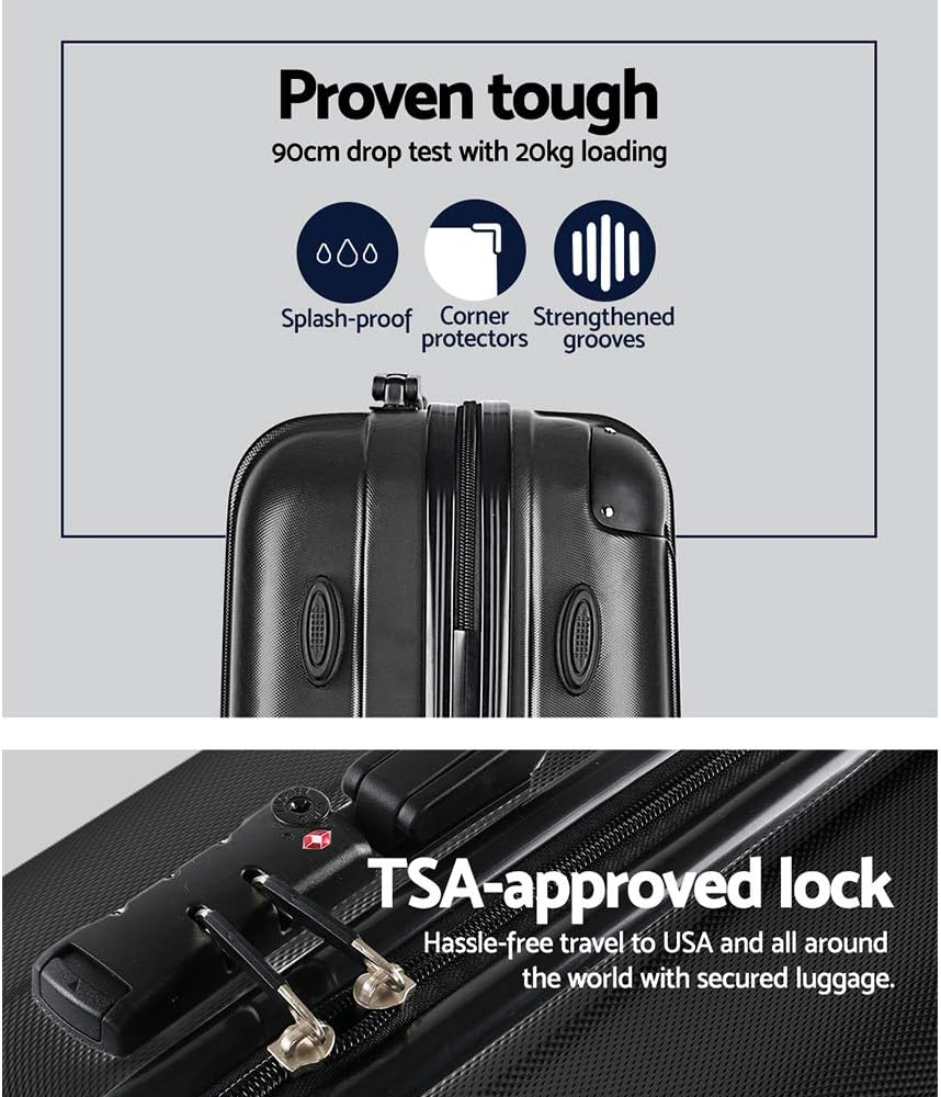 Wanderlite Luggage Set 3Pcs Black Suitcase Hand Luggages Travel ABS Hard Case Hardside Shell, Lightweight Trolley Carry on Bag, TSA Lock 6Pcs Storage Organisers image number 4