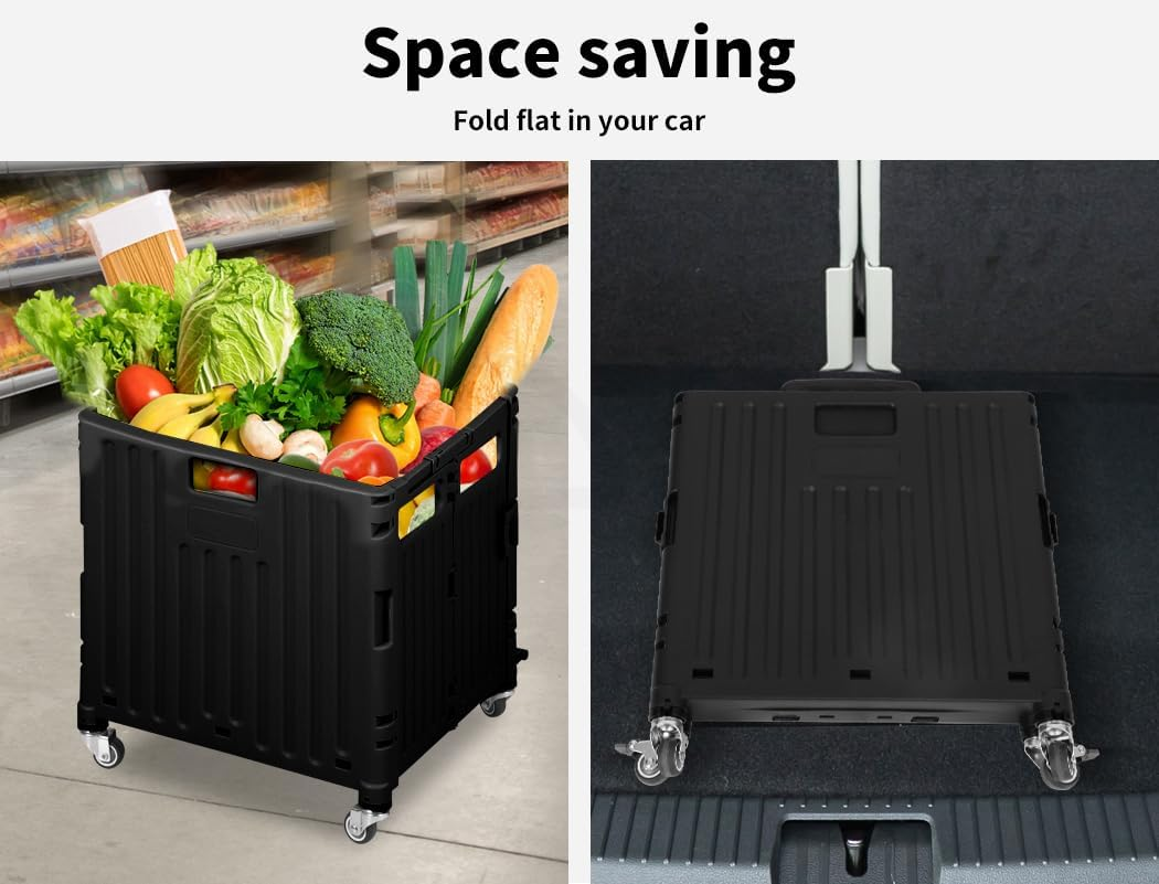 65L Shopping Trolley Cart Foldable Grocery Carts with Lid Collapsible Pack & Roll Folding Grocery Basket Crate Handcart Portable 4 Omni-Directional Wheels Aluminum Telescopic Handle (Black) - Black image number 5