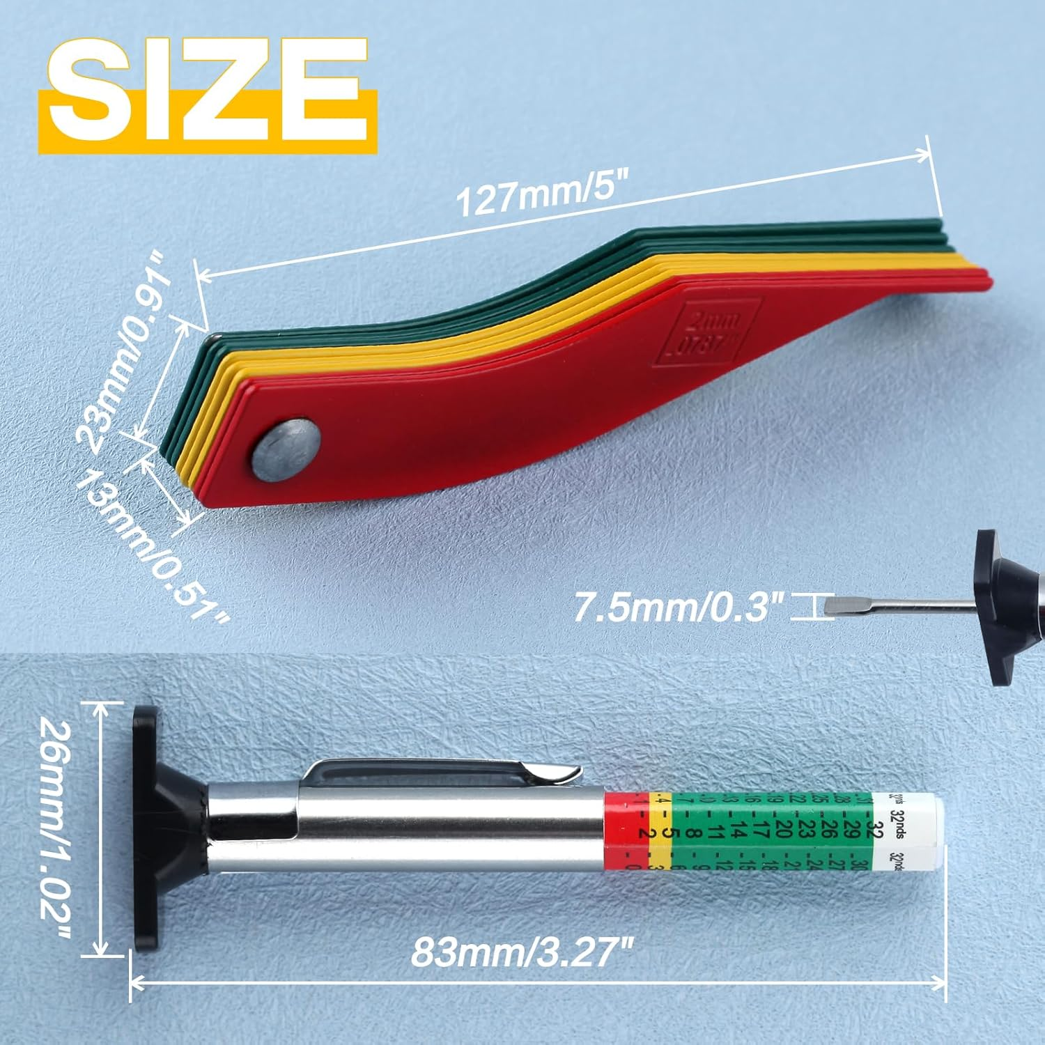 SPEEDWOX Brake Lining Thickness Gauge 8PCS SAE & Metric Automotive Brake Pad Measure Ruler Tire Tread Depth Gauge Tool Brake Lining Gauge Set Color Coded - 2Mm to 12Mm for Motorcycle Car Truck and Bus image number 6