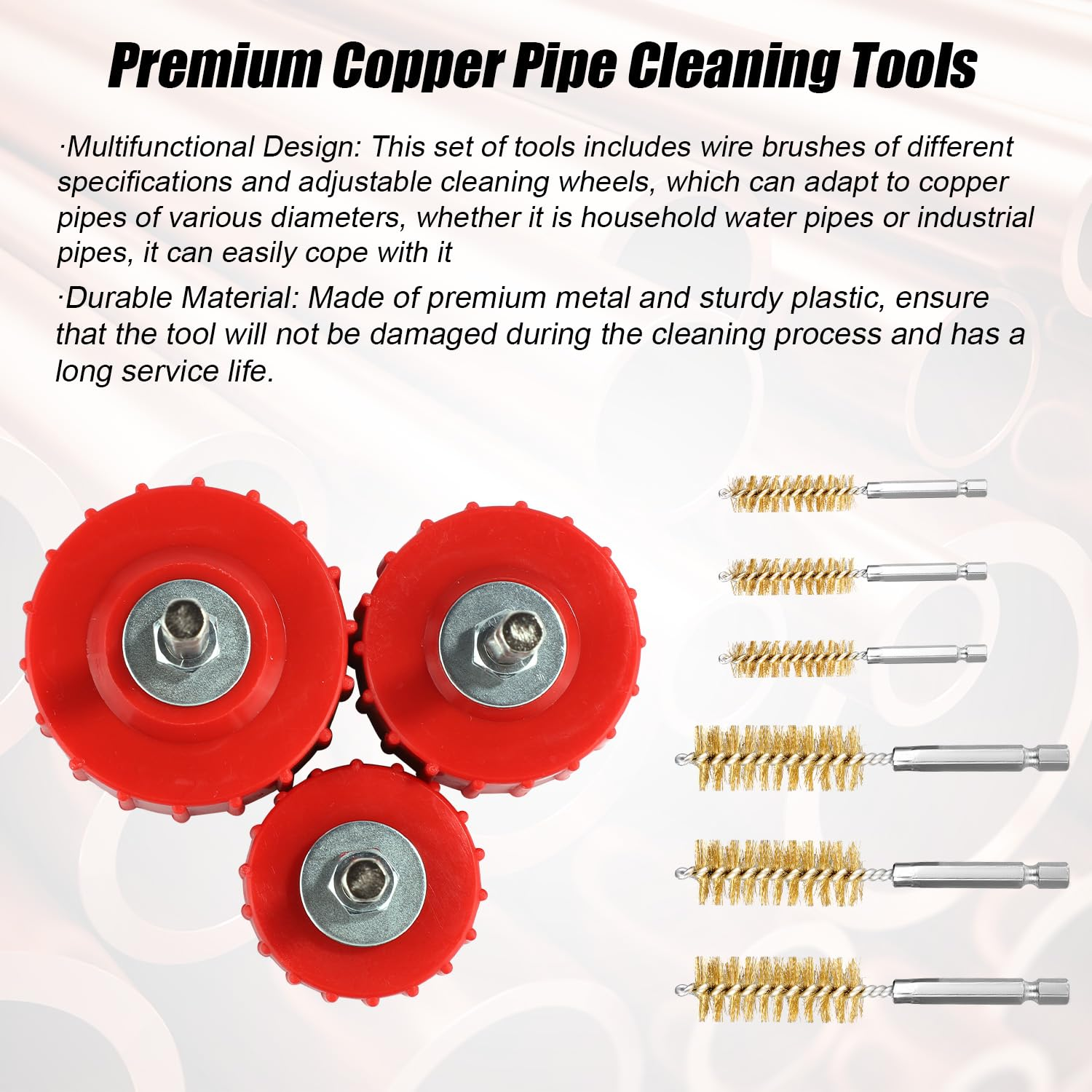 9Pcs Copper Pipe Cleaner Set for Power Drill, 3Pcs 1/2" 3/4" 1" Tube Cleaning Brushes & 6 Brass Wire Bore Brushes Metal Pipe Cleaner for Drill Copper Tubes and Fittings Soldering image number 1