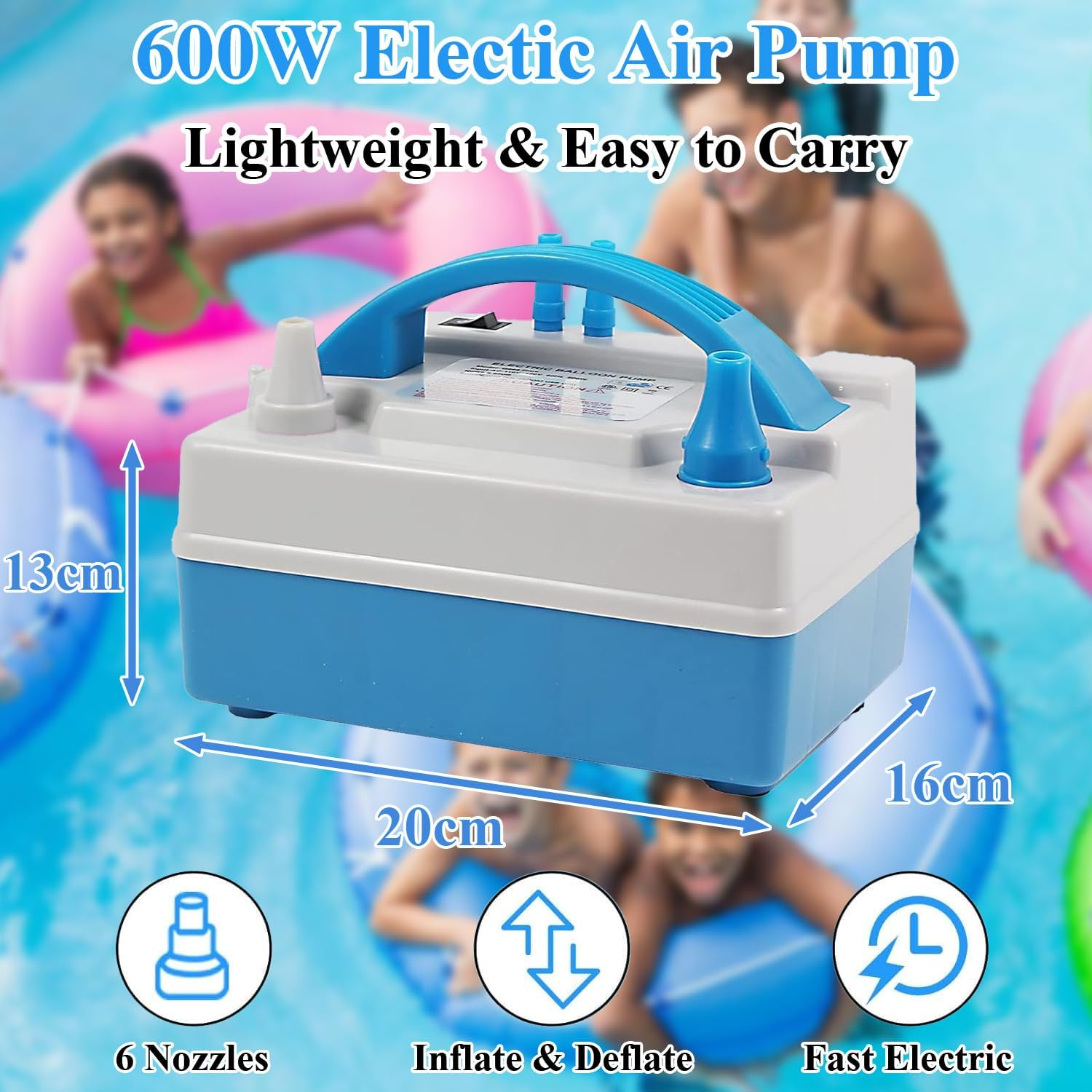 NOAEOU Electric Air Pump, Portable Dual Nozzle Balloon Inflator with Purpose Hose Extension,Multi-Functional Electric Pump for Air Mattresses, Inflatable Toys,Compression Bags, Balloons image number 3