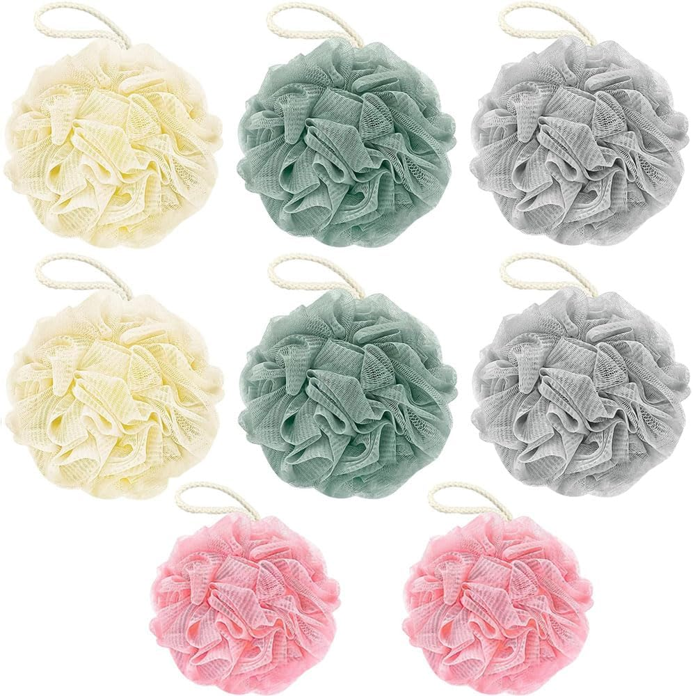 Aufondof 8 Pack Bath Loofah Sponge,4 Colors Bath Sponges Mesh Balls 60G Body Scrubber Exfoliator Wash Back Scrubber Bathroom Scrubbers Cleaning Bathing Accessories image number 1