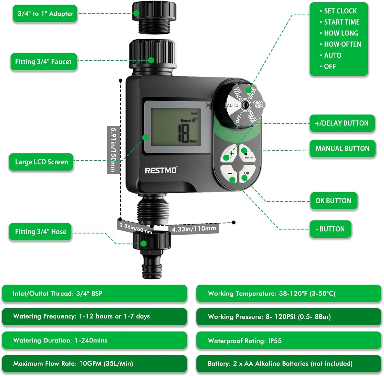 RESTMO Tap Timer, Irrigation Hose Timer with Rain Delay/Manual/Automatic Watering System, Water Timer for Outdoor Faucet, Garden Sprinkler, Yard and Lawn image number 4
