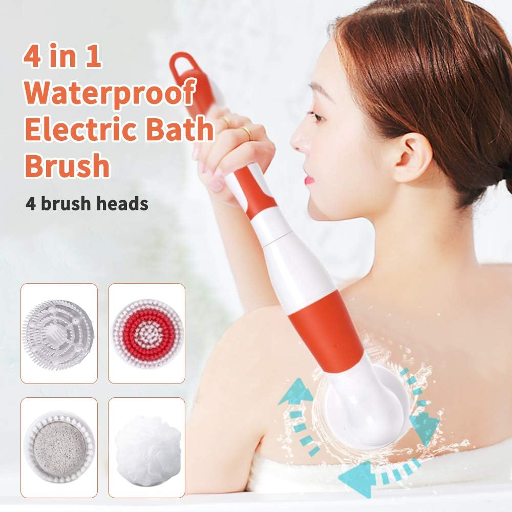 Staright 4 in 1 Waterproof Electric Bath Brush Multi-Functional Body Cleansing Brush Back Massage Scrubber with 4 Brush Heads Shower Brush with Long Handle image number 4