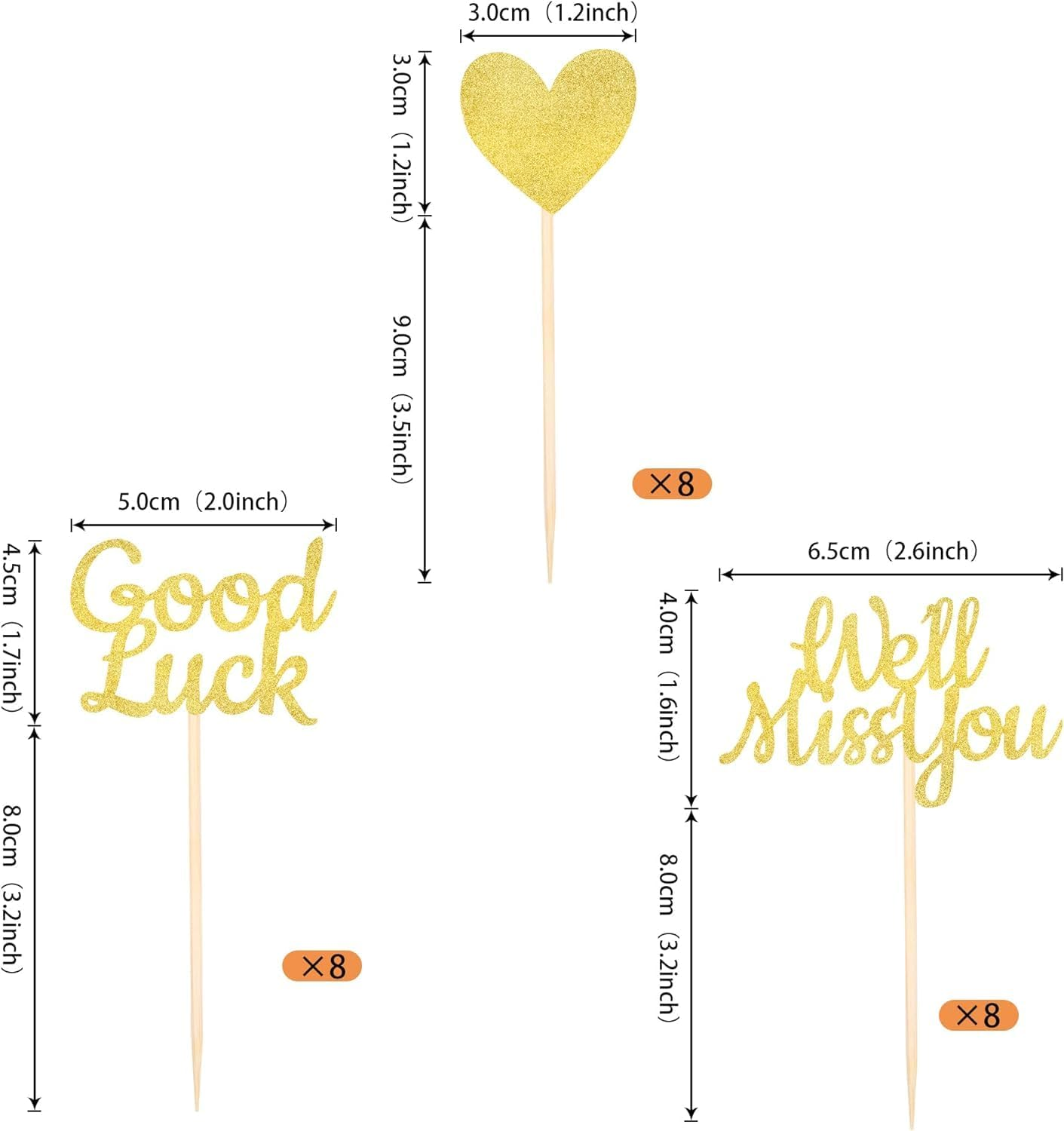 24 Pack We Will Miss You Cupcake Toppers Glitter Red Love Heart Good Luck Cupcake Picks Retirement Theme Going Away Party Cake Decorations (Gold) image number 4