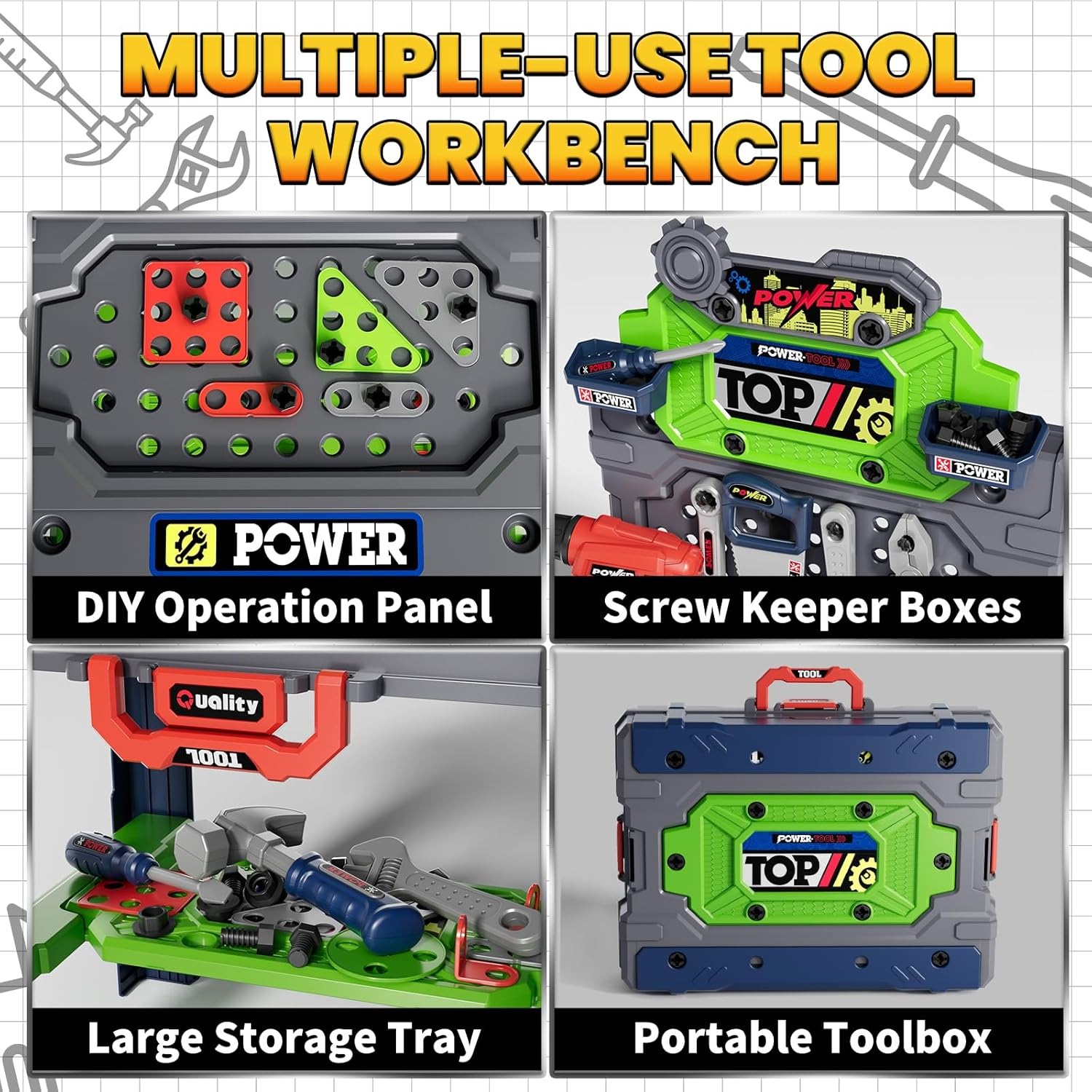 Kids Tool Bench with Realistic Tools and Electric Drill, 2-In-1 Transformable Kids Tool Set, Pretend Play Construction Workbench Toys for Toddler Boys Girls Age 3-8 image number 3