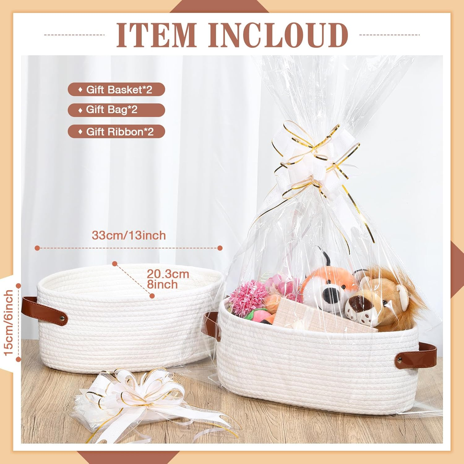 Colingmill 2 Pack Small Baskets for Gifts Empty with Handle Woven Basket with Bags and Ribbons Empty Storage Box Pet Toy Organizer for Baby Birthday Wedding Presents(White,13 X 8 X 6 Inch) image number 1