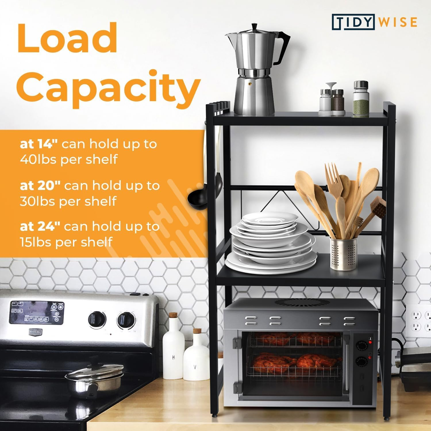 Expandable Microwave Oven Rack, 2 Tier Kitchen Countertop Shelf, Large Stand with Cutting Board Holder, 6 Hooks, Adjustable (Black-3 Tier) image number 4