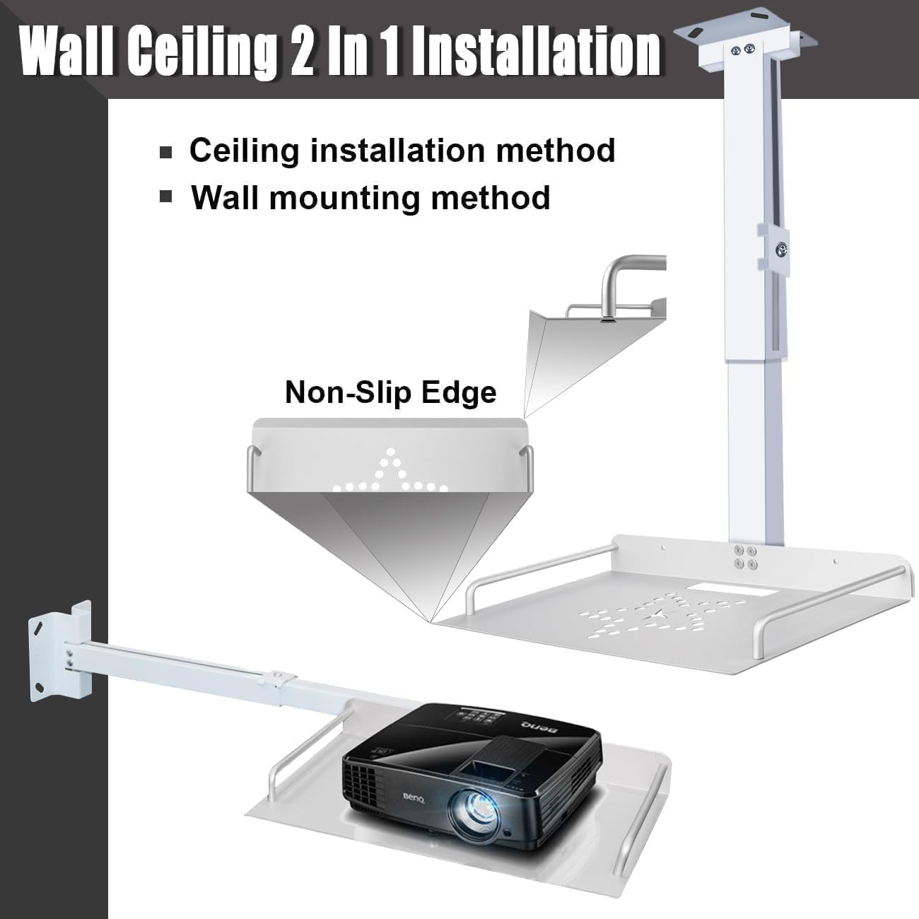 2-Be-Best Universal Projector Ceiling Mount with Tray, 11.8IN-20.5IN / 30CM-52CM Height Adjustable Projector Shelf Mount Extendable Ceiling Projectors Mounts Upgraded White image number 4