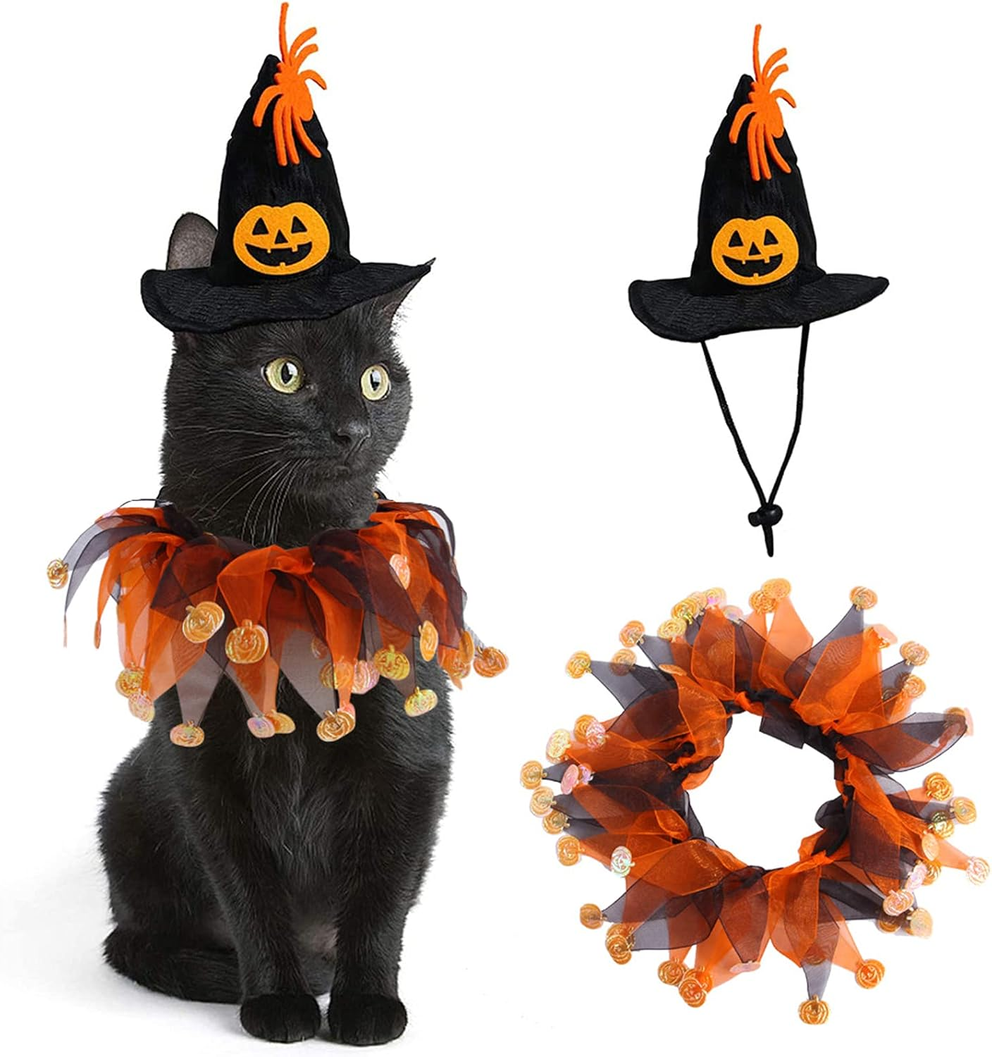Pet Halloween Witch Hat Dog Cat Collar with Bell Collar Pumpkin Spider Web, Wheel Print Cloak for Cats/Small Dogs Halloween Pet Costume (A) image number 1