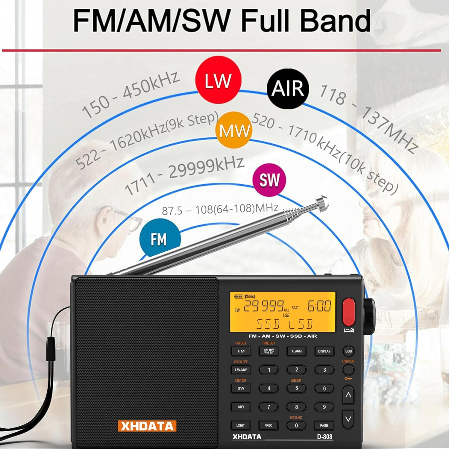 XHDATA D-808 Portable Digital Radio FM SW MW LW SSB RDS DSP Air Band Radio Alarm Clock Receiver with ATS Mode LCD Display and Stereo Sound for Parents Black image number 2