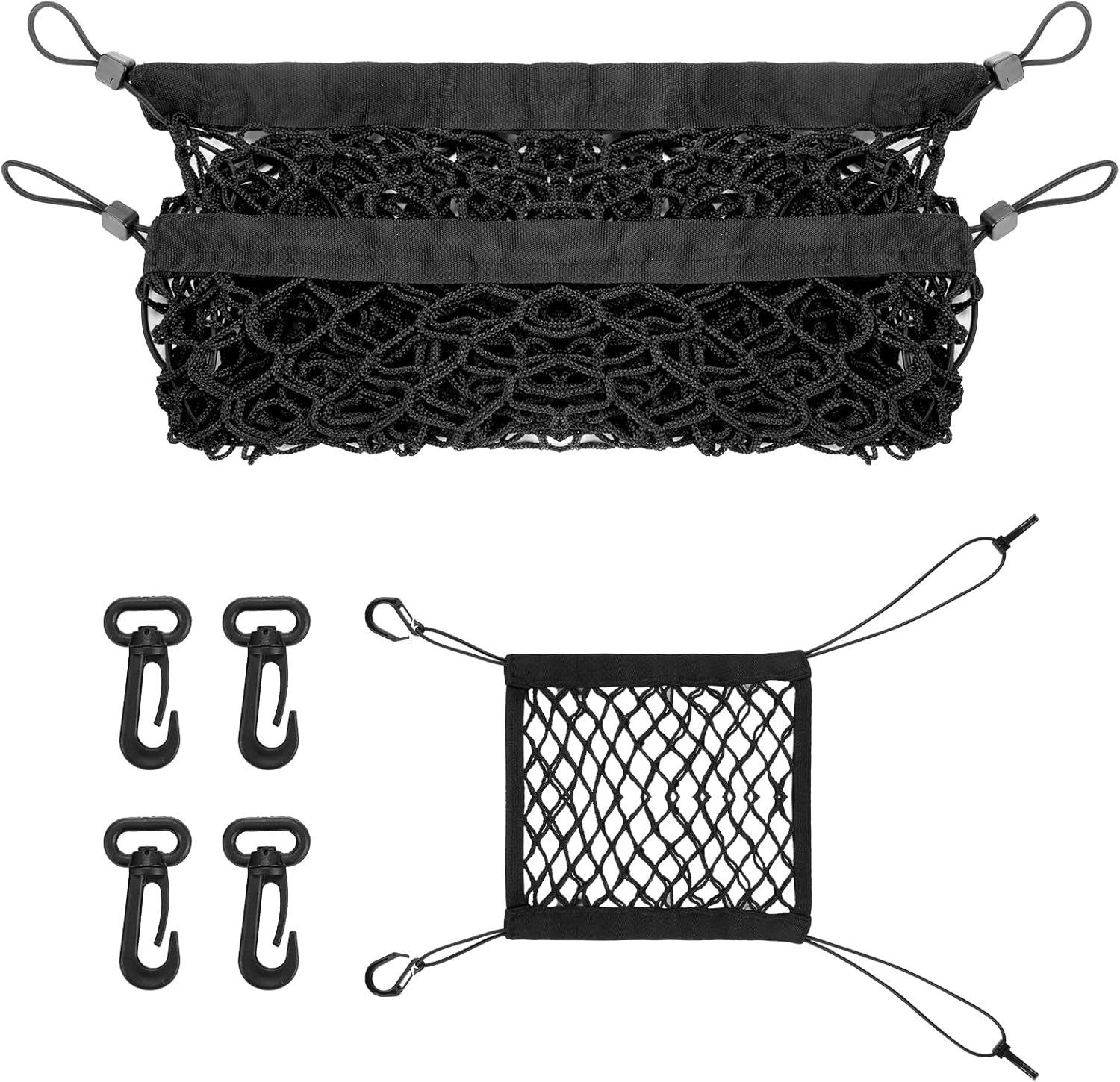 HOMEE Cargo Net Set, 2 Packs Adjustable Mesh Cars Trunk Net and Elastic Trunk Net Bag between Seats Universal Car Cargo Storage Organizers with Hooks for Pick-Up/Jeep/Suv, Full Black image number 5