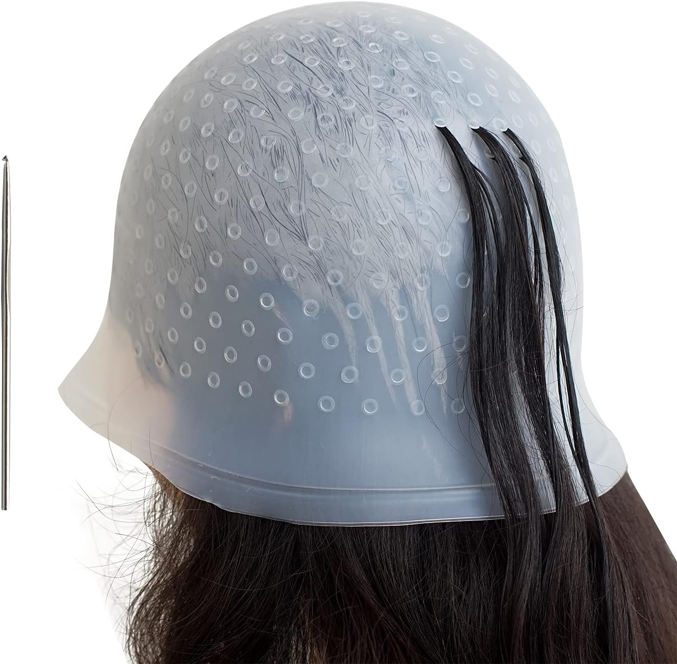 Pre Holes Highlighting Cap Reusable Bleaching Silicone Hair Highlight Cap with Hook Thick Hair Cap for Highlights DIY Dyeing Color