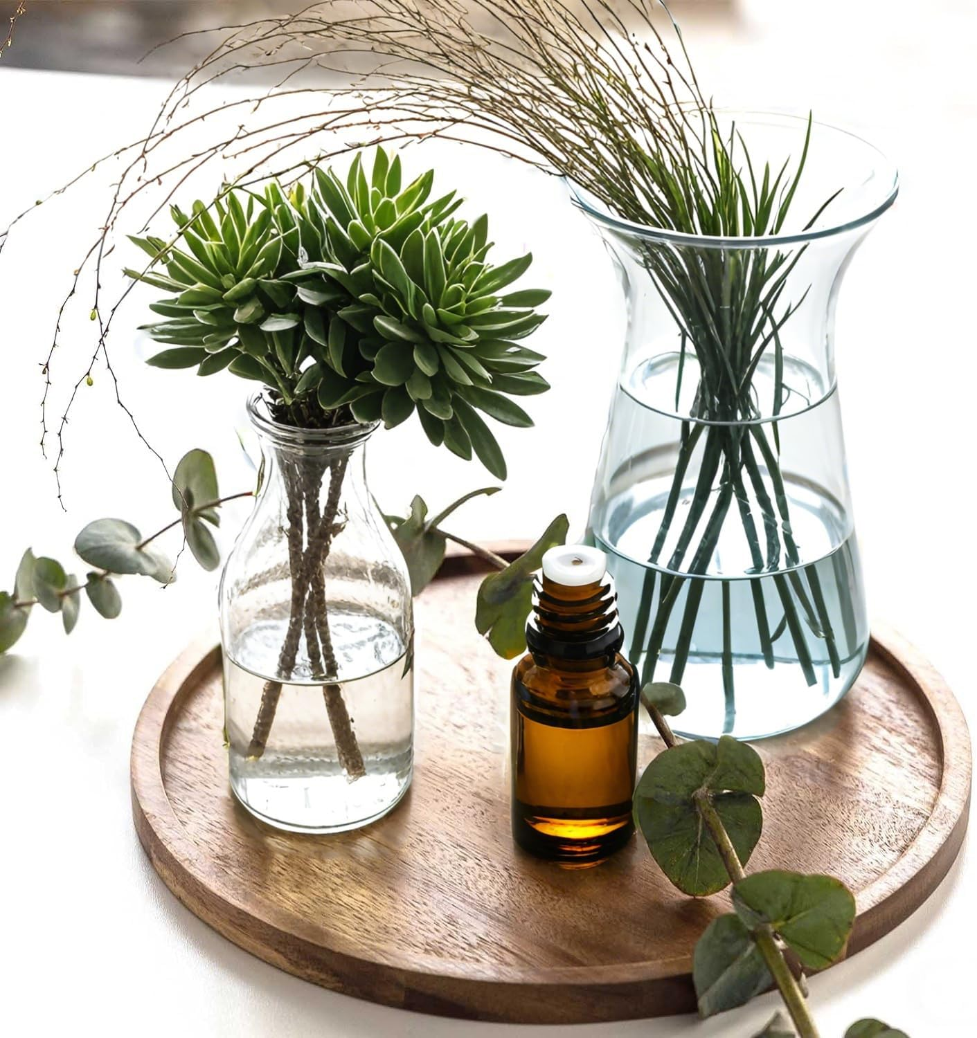 Delsol Decorative round Wooden Tray, Acacia Wood Serving Tray for Farmhouse Kitchen Dining Room Table,Small Candle Holder for Coffee Table Home Deco image number 4