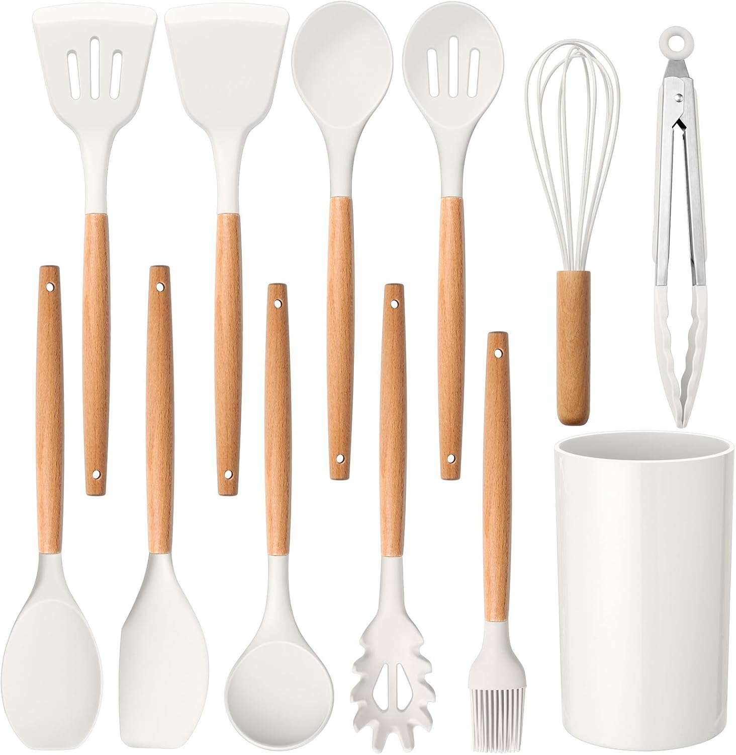 E-Far White Cooking Utensils Set of 6, Silicone Kitchen Utensils with Wooden Handle, Non-Stick Cookware Friendly & Heat Resistant, Includes Spatula/Ladle/Slotted Turner/Serving Spoon/Spaghetti Server