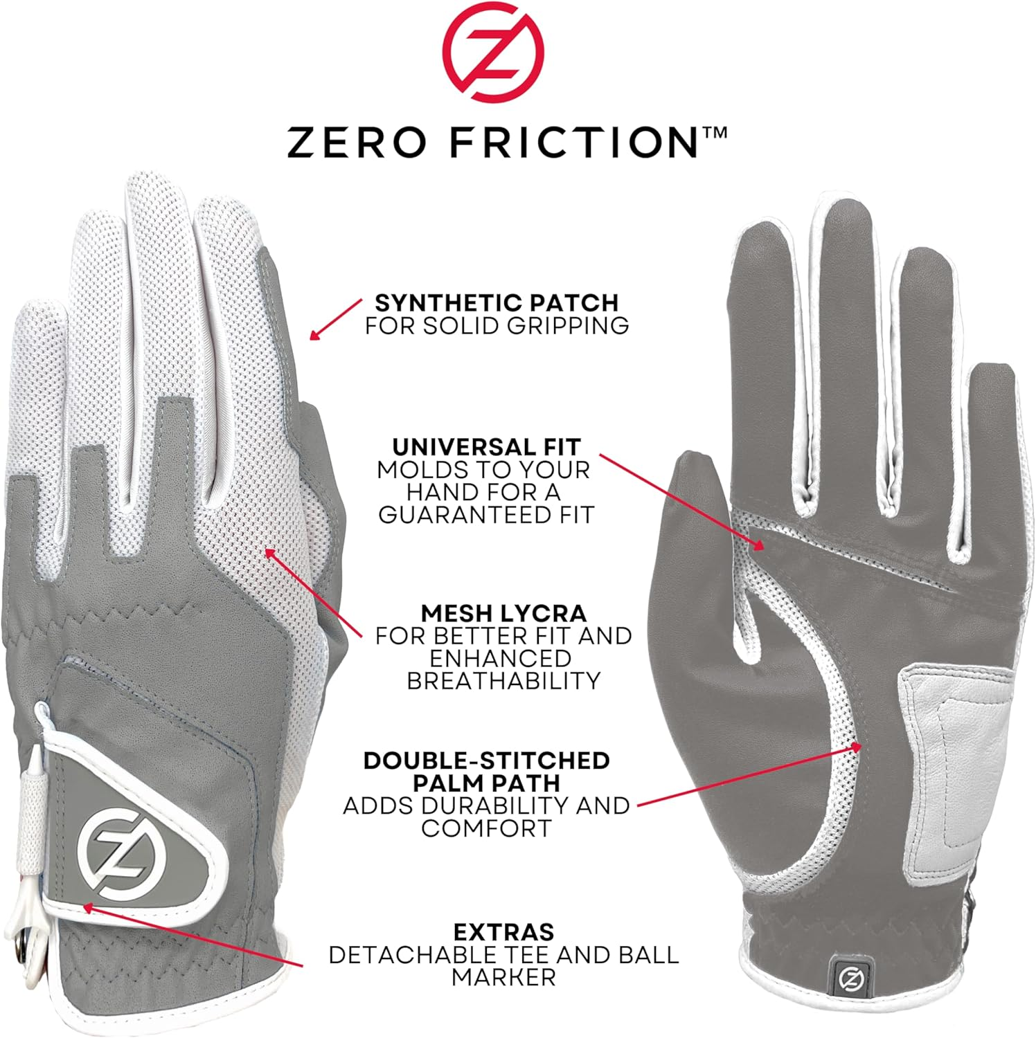 Zero Friction Ladies Compression-Fit Synthetic Golf Glove 2 Pack, Includes Free Tee Pack, Universal-Fit