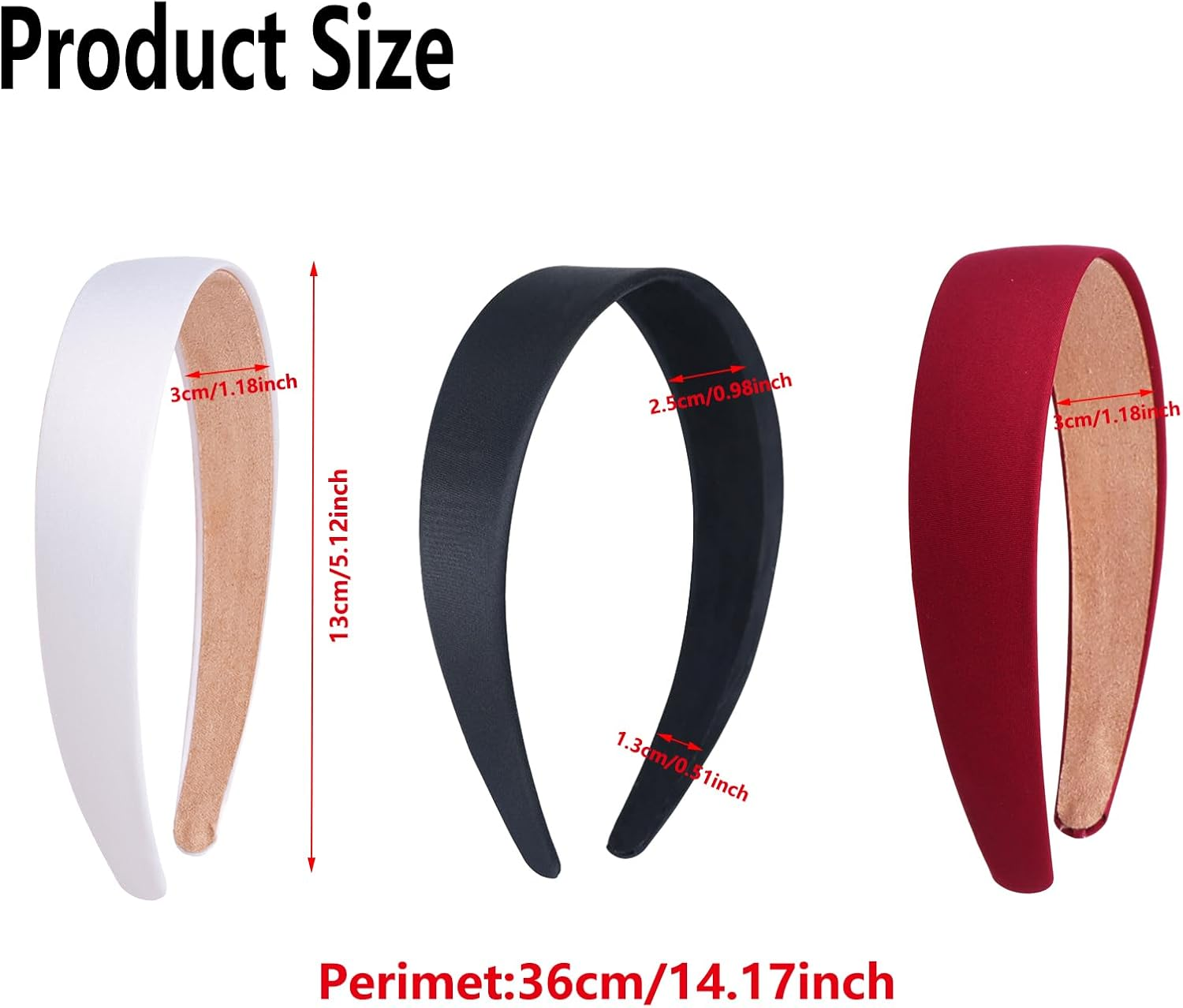 Pack of 3 Satin Headbands Non-Slip Headband for Women Headband Satin Retro Style Hair Band Fashion Comfortable Headbands for Women and Girls (Black, White, Red) image number 1