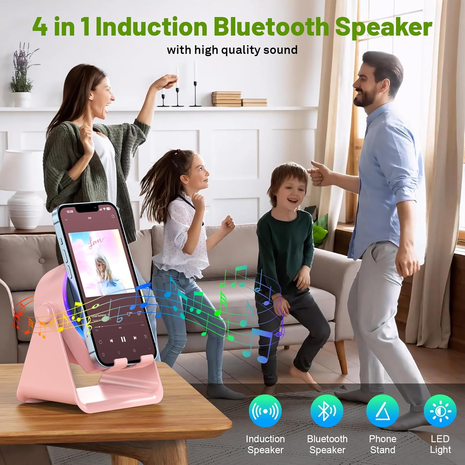 Wireless Induction Speaker, Cell Phone Stand with Bluetooth Speaker, Stereo Sound, RGB Ambient Light, Phone Holder Compatible with Iphone/Ipad/Android/Samsung Galaxy (Pink) - Black image number 6