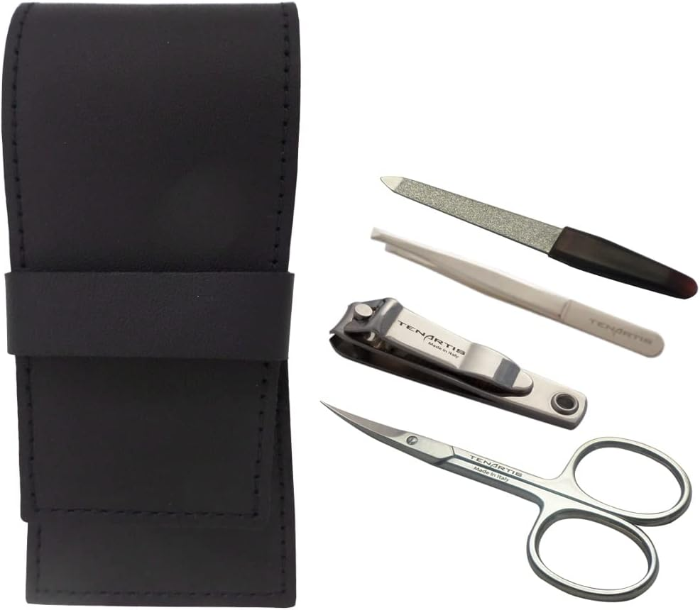 4-Piece Manicure Case with Nail Clippers Made of Genuine Leather Tenartis Made in Italy (Brown)