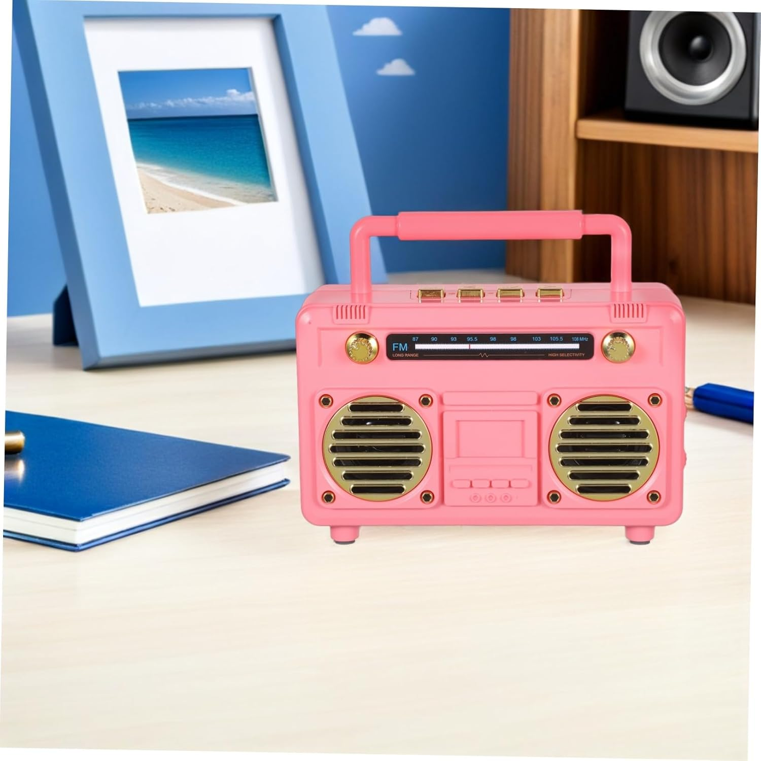 HOLIDYOYO Retro Radio Speaker Mini Portable Wireless Subwoofer Compact Speaker for Outdoor Camping Travel and Cheerleading Events in Pink image number 2
