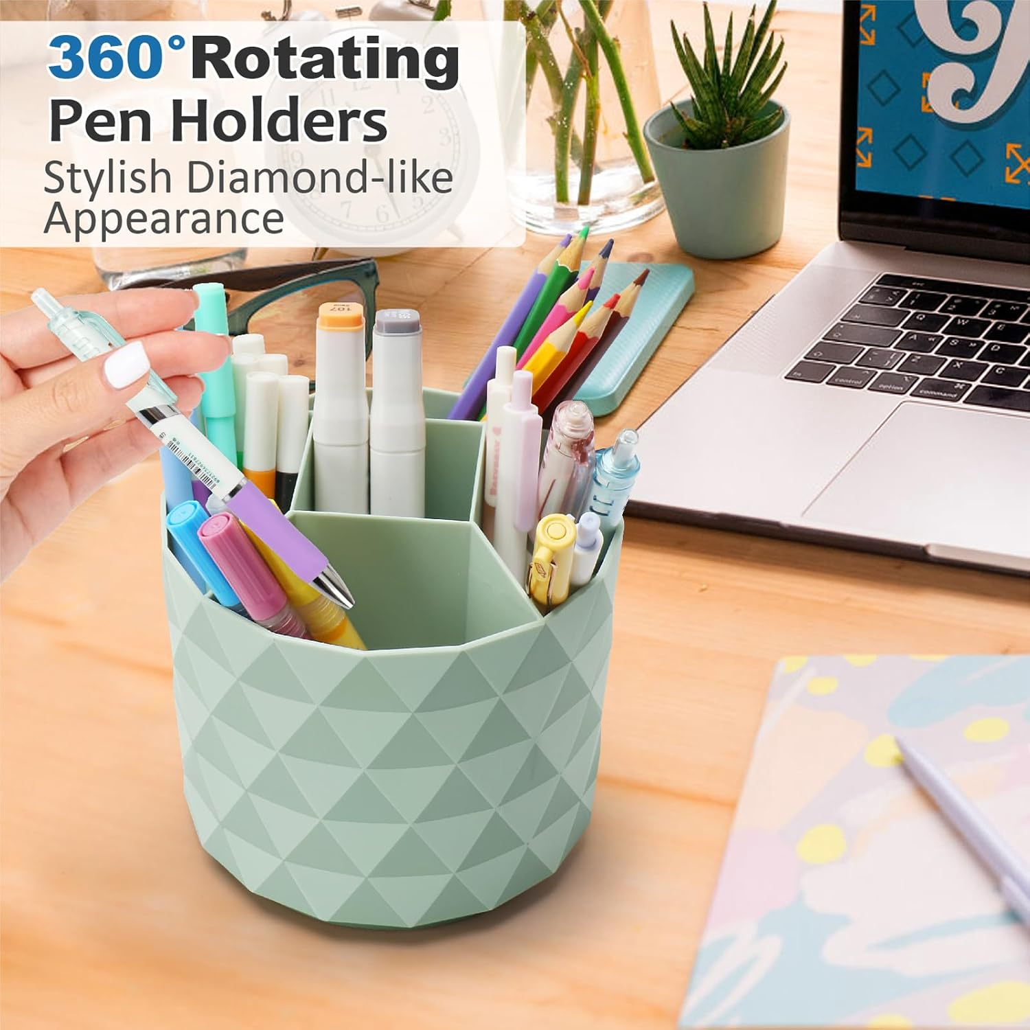 Nuozme Desk Organizer, 360-Degree Rotating Pencil Pen Holders for Desk, Diamond Pattern Pen Organizer with 5 Compartments, Cute Desk Accessories Decor for Office, School,Home,Art Supply (Pink)
