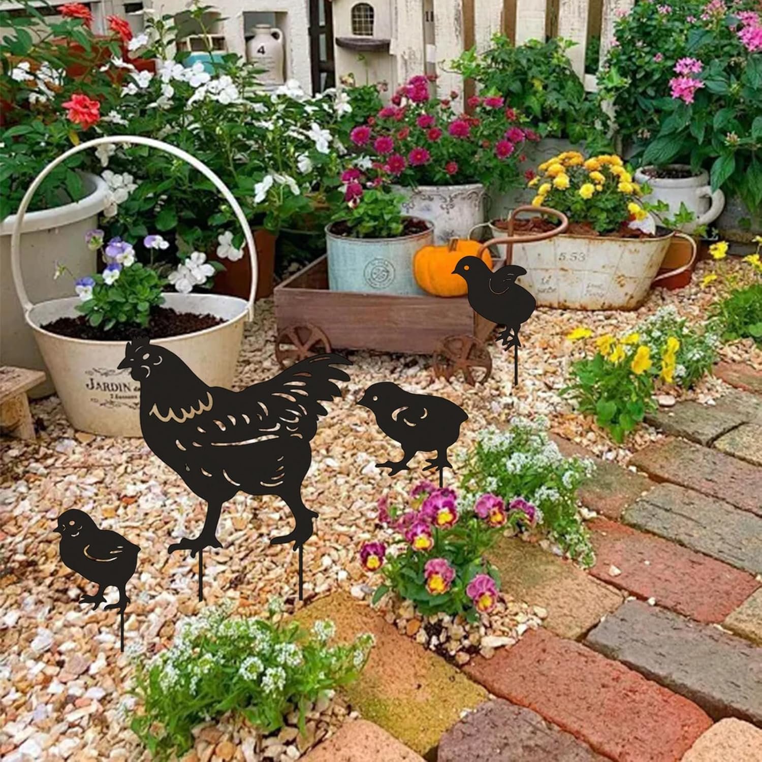INCAUCA 4Pcs Metal Chicken Garden Stakes, Decorative Hen and Chicks Yard Stakes, Metal Animal Yard Decor, Chicken Art Silhouette Statue for Lawn Patio Gazon Outdoor Ornament image number 4