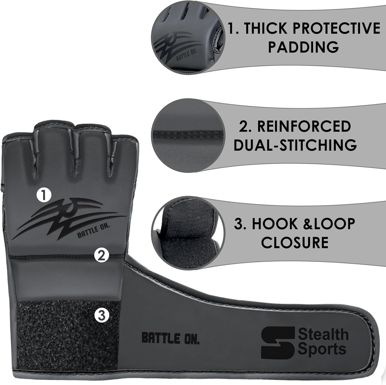 Stealth Sports MMA Gloves Men Women 12Mm Thick - PU Leather Grappling Gloves Open Palm Muay Thai Kickboxing Sparring Punching Bag Boxing Training Cage Fighting Martial Arts Mitts image number 6