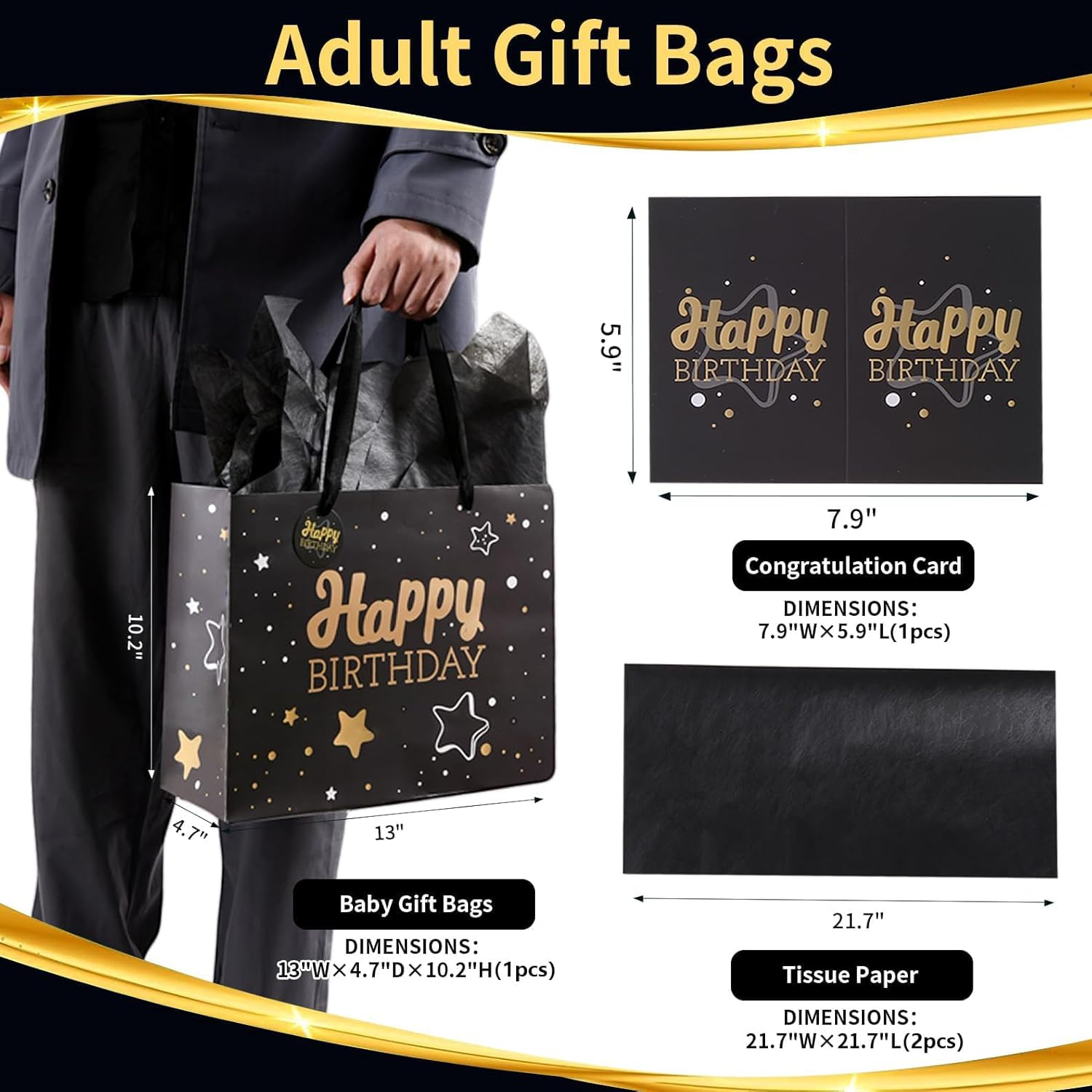 PAOFUFUI Birthday Gift Bag with Tissue Paper and Greeting Card, 13'X10.2'X4.9' Unisex Includes Card, Ribbon, Crinkle Paper (Black Starry Sky) image number 4