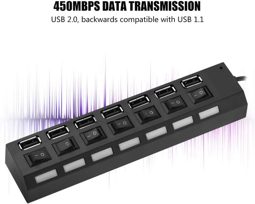 7 Port USB Hub, 480Mbps USB Hub 7 Ports Hub, USB Mobile Phone Headphone for Keyboard Printer image number 3