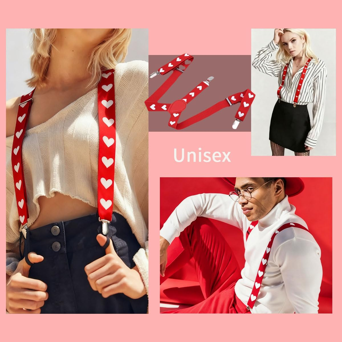 Xnxnzhho Valentine&rsquo;S Day Suspenders for Men, Red Adjustable Heart Suspenders Heavy Duty Clip, for Valentine Wedding Party image number 4