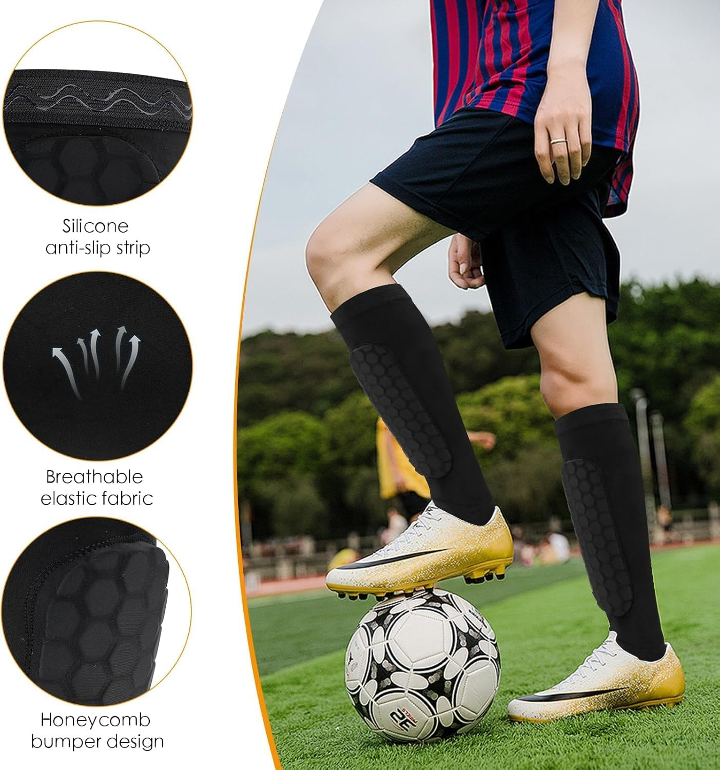 Honeycomb Compression Sleeve Shin Guards, Soccer Football Protective Pads, Calf Support, 1 Pair