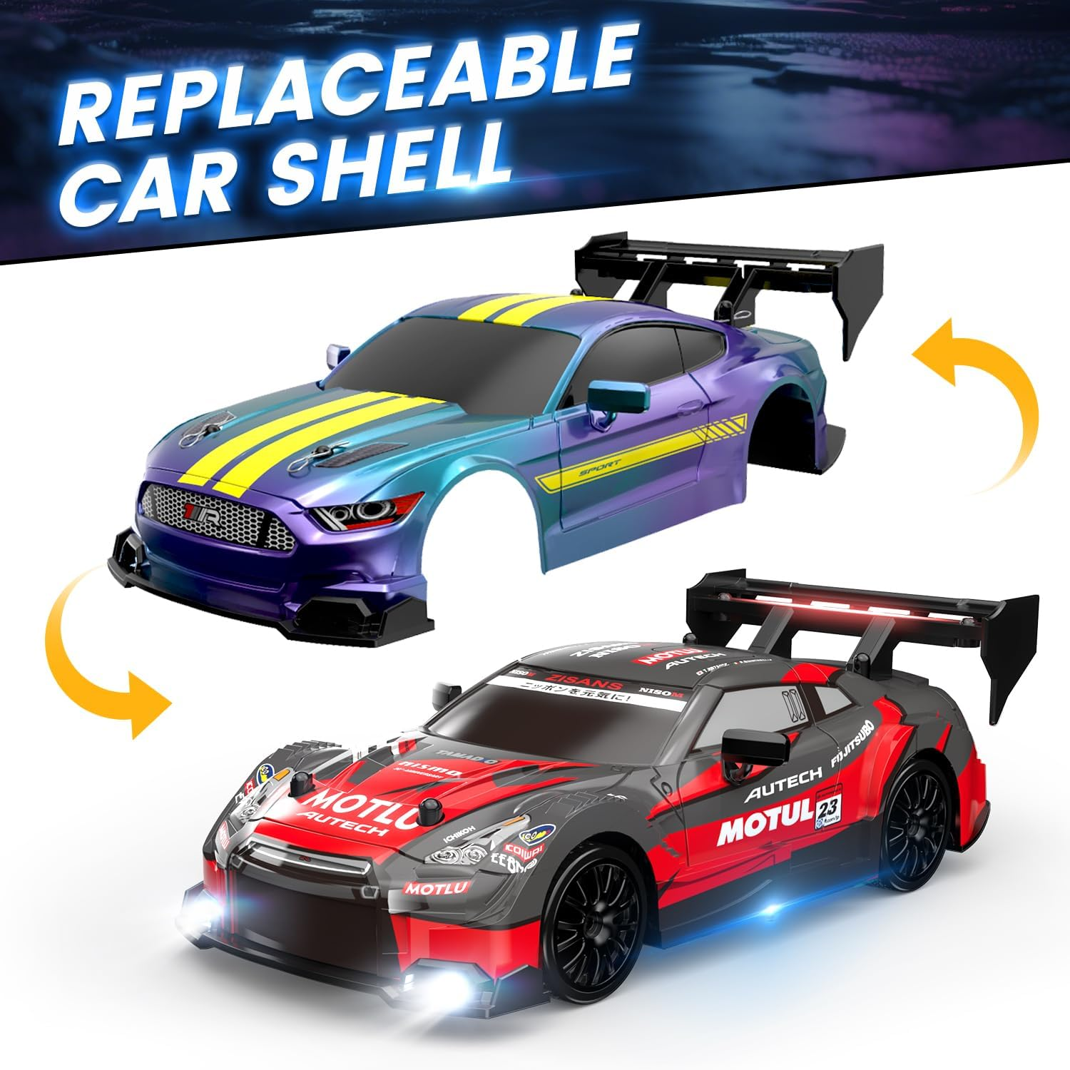 DEERC RC Drift Car, 4WD 2.4Ghz Remote Control Car for Kids W/LED Lights, Car Shell, 2 Rechargeable Batteries, 40Mins Playtime, Racing & Drift Wheels, 8 Traffic Cones, Toy Cars for Boys Girls image number 3