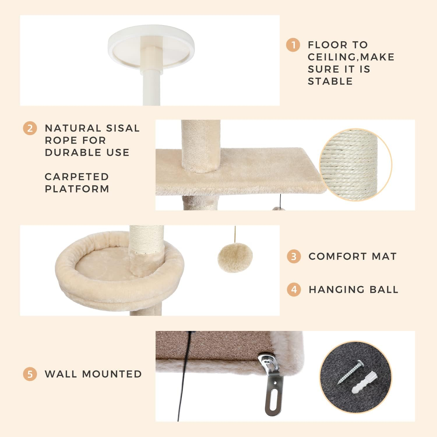 PAWZ Road Cat Tree 5-Tier Floor to Ceiling Cat Tower Height Adjustable 95-107 Inches, Tall Kitty Climbing Activity Center with Scratching Post, Cozy Bed, Dangling Ball for Indoor Cats Beige - Grey image number 2