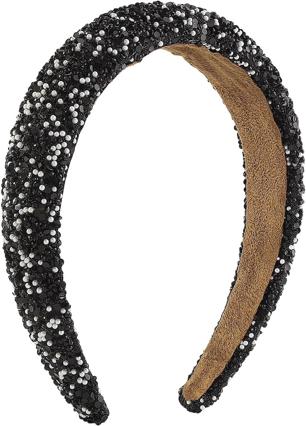 AWOCAN Rhinestone Headbands for Women Diamond Bling Rhinestone Wide Hairband Sparkle Beaded Crystal Headband Thick Padded Headband for Party Non Slip Glitter Hair Hoop (Black, L)
