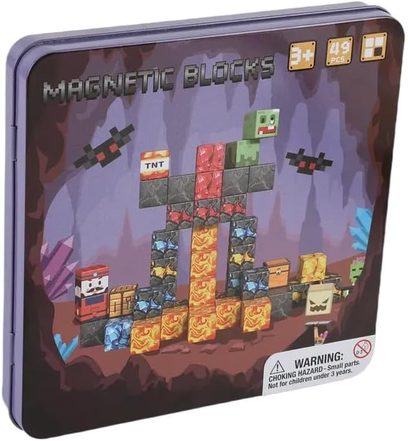 Portable Magnetic Blocks - with Iron Box,49Pcs Adventure Themed Magnetic Tiles,Build Mines Cave World Set,Travel Magnet Building Block,Travel Toys, STEM Constructiontoys for Boys & Girls Ages 3+ image number 2