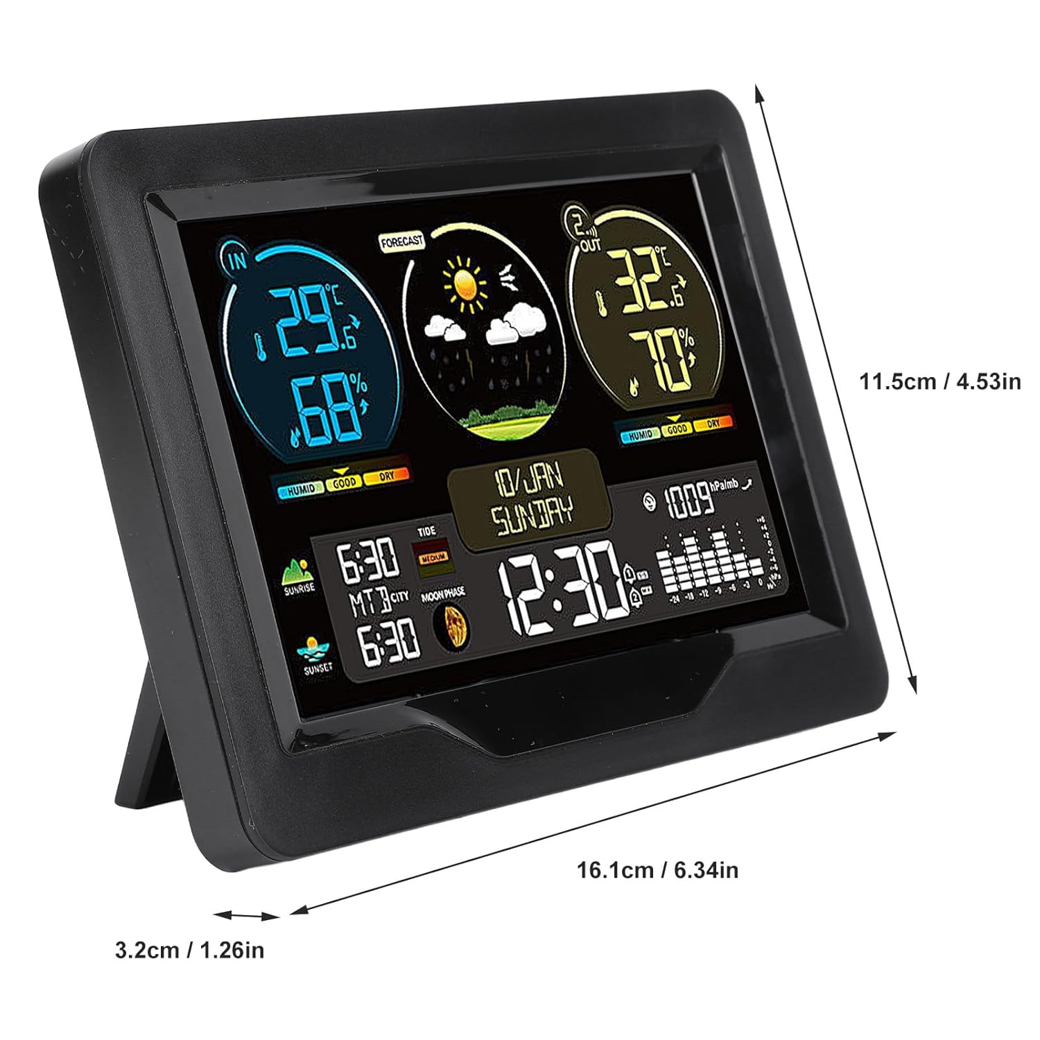 Omabeta 1PCS Digital Weather Station Color Display with Temperature Humidity Monitor/Rain Gauge/Time/Electronic Calendar/Air Pressure/Tide/Moon Phase/Local Sunrise and Sunset Time,16.1 * 11.5 * 3.5Cm image number 3