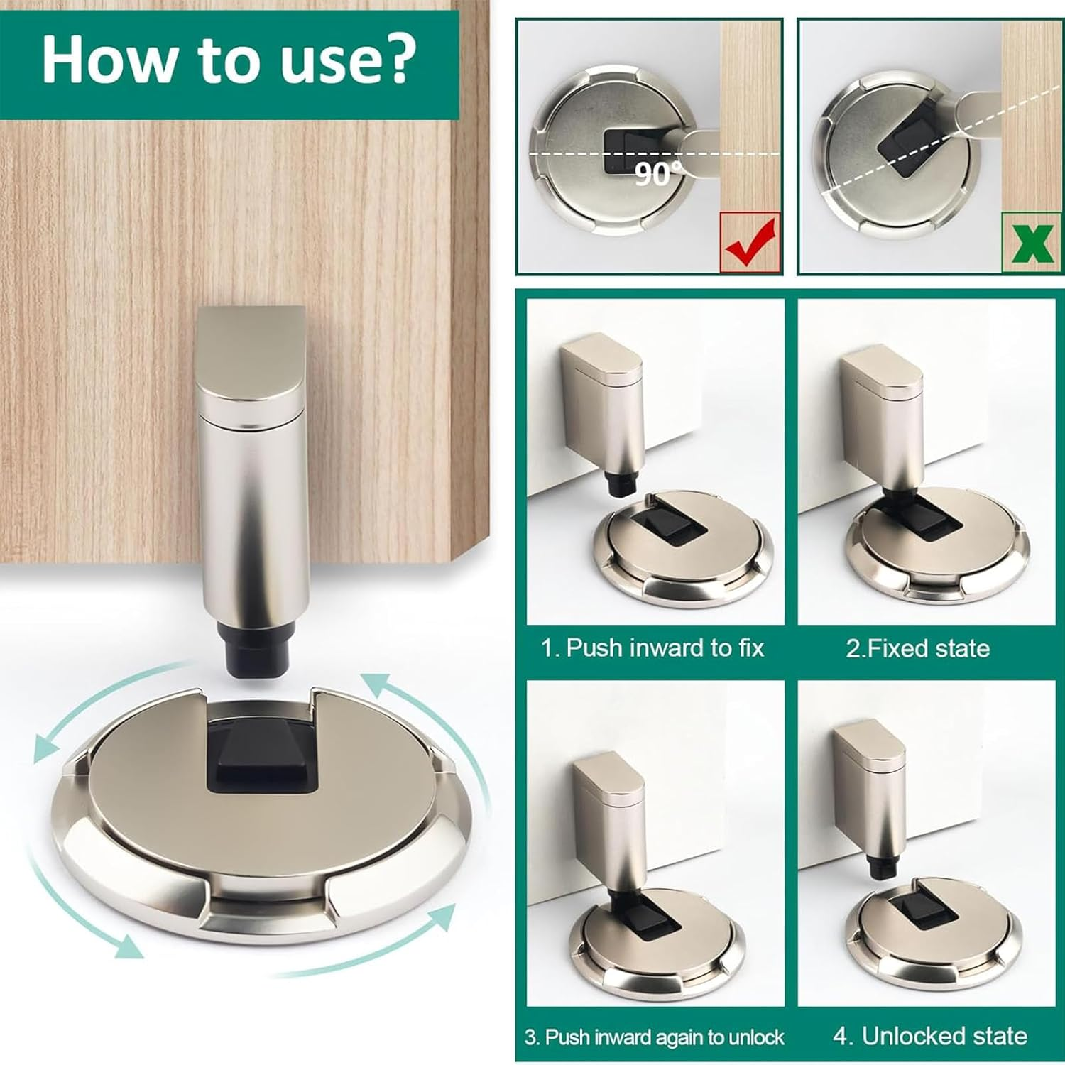 Zalizr No-Magnetic Mechanical Door Stopper, Adjustable Height Door Holder for Gaps 0.5 to 2 CM, Windproof, with Adhesive Pads and Screws (Glossy Nickel) image number 6