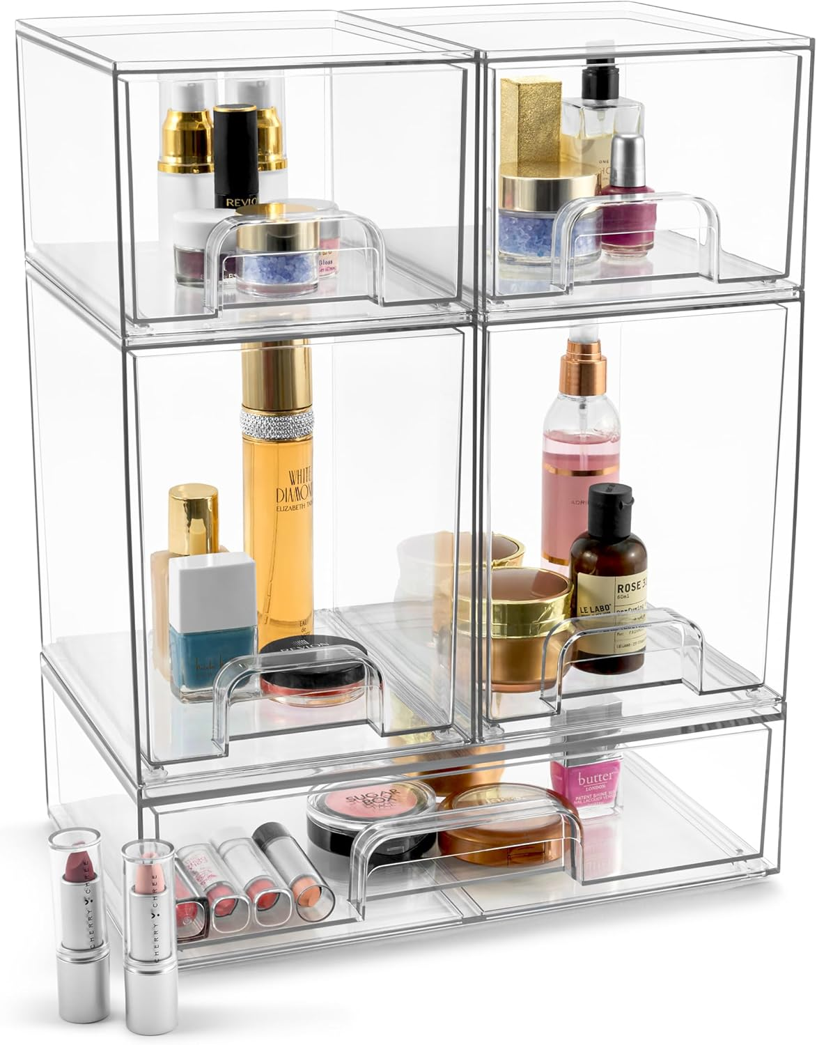 Sorbus Acrylic Storage Containers - 5 Pack, Stackable Storage Bins Set for Bathroom Organization - Clear Acrylic Drawer Organizers - Makeup Case Pull-Out Drawers (7.6&rsquo;&rsquo; and 4.4&rsquo;&rsquo; Tall and 12.1&rsquo;&rsquo; Wide)