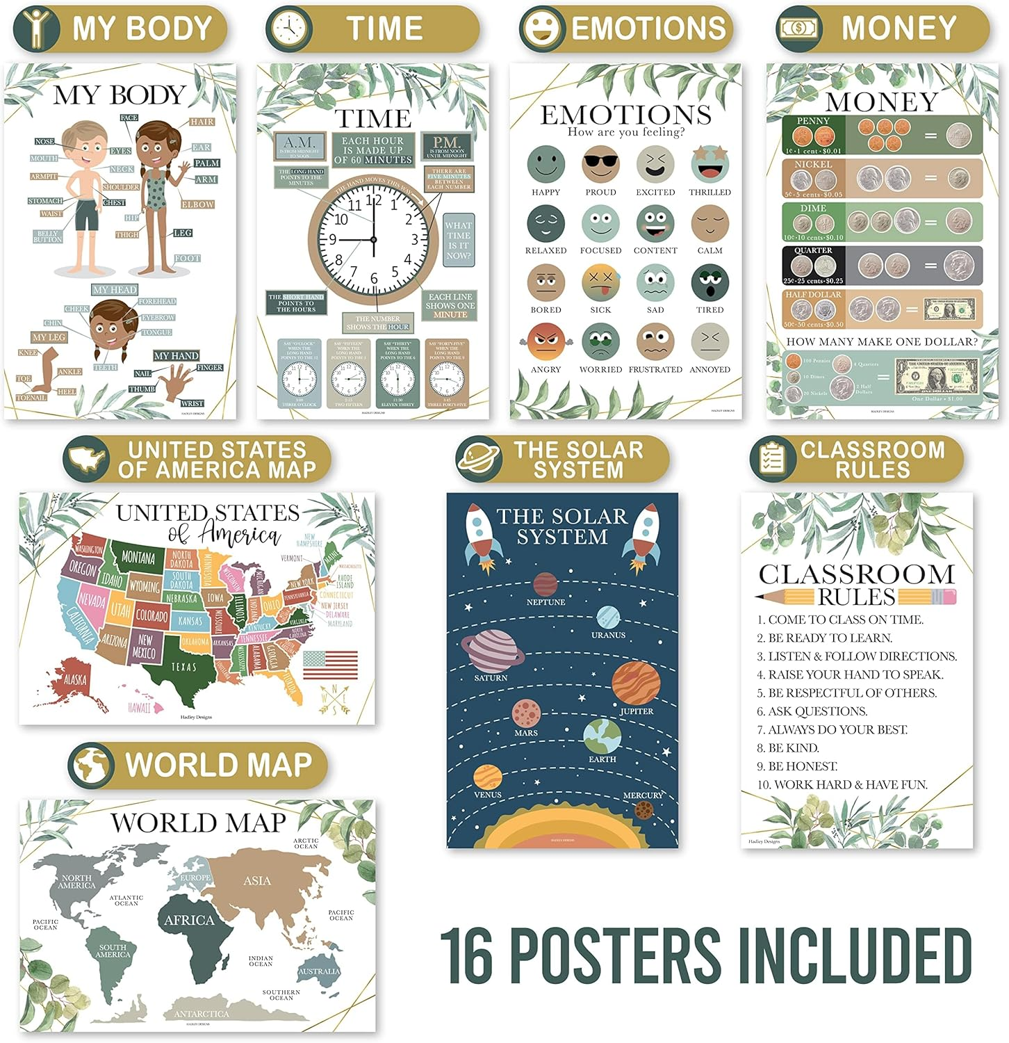 Hadley Designs 16 Greenery Educational Wall Art Posters - Preschool Learning, Alphabet, Numbers, Shapes, Geography, Science for Classroom, Homeschool image number 3