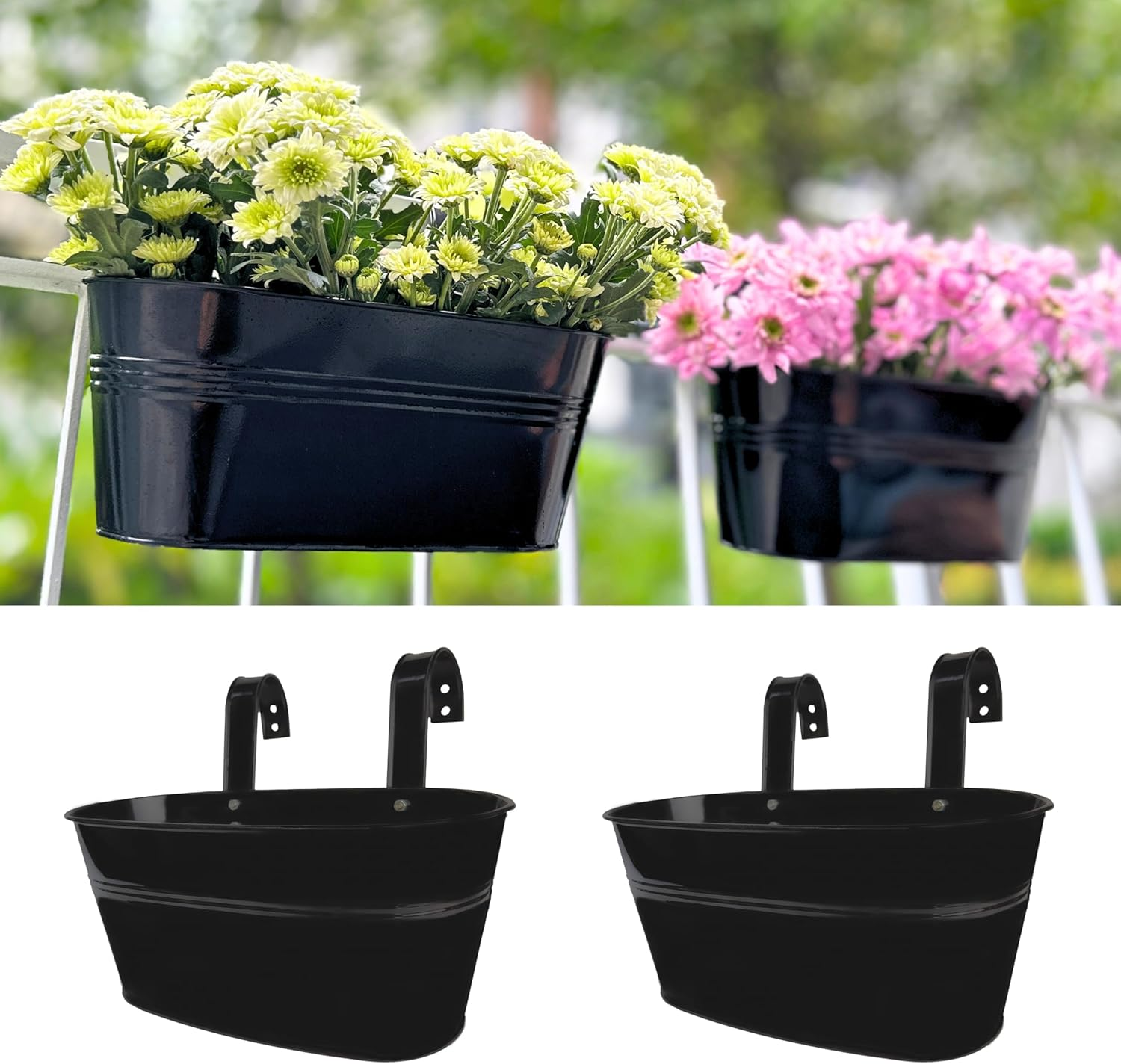 Lalagreen Outdoor Rail Planter (4 Pack, 11.8 Inch) Black Metal Iron Hanging Flower Pots Deck Railings Fence Buckets Modern Countryside Boho Style Wall Mount Window Box Plant Holder Hooks Porch Decor