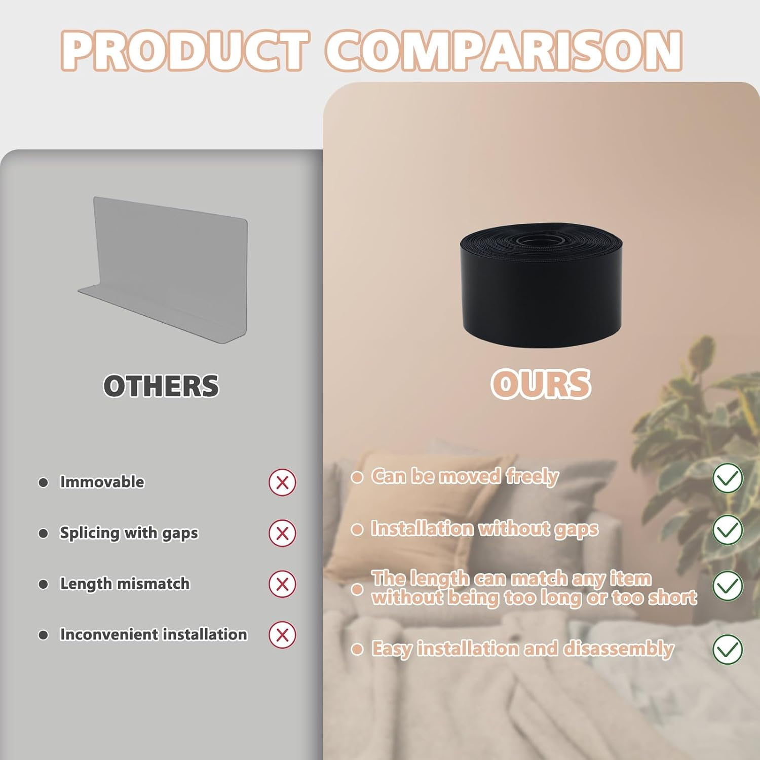 2 Pieces 39.3 Feet under Couch Blocker with Hook & Loop Tape, Adjustable under Bed Blocker for Pets, Couch Bumpers for under Couch Carpet, Furniture Gap Blocker Filler Barrier (1.9" W) image number 1