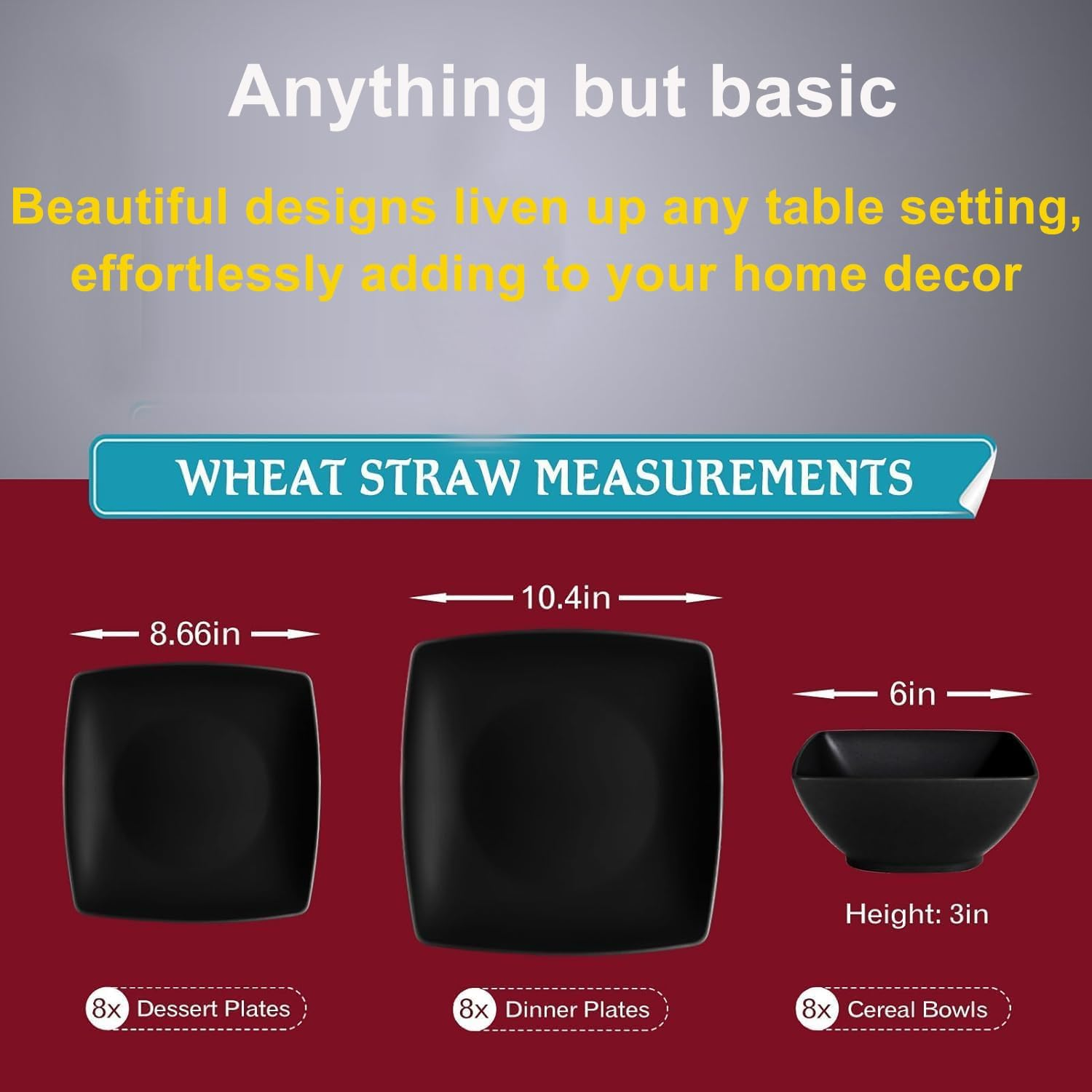 HOMIEST 32-Piece Plastic Wheat Straw Square Dinnerware Set for 8, Unbreakable Dinner Plates, Salad Plates, Snack Bowls, Tumblers 20 Oz, Dishwasher Safe, Black Matte