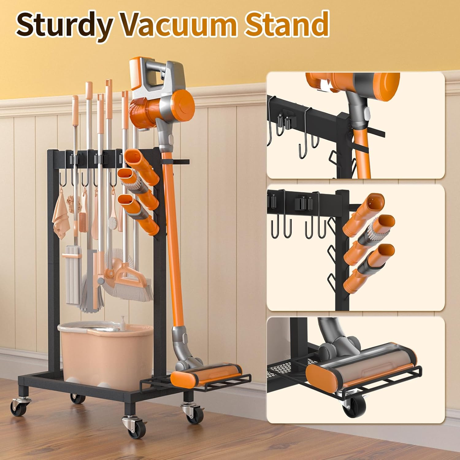 Broom Holder with Cleaning Supplies Organizer Load 160 LBS Cleaning Cart with Wheels Broom Closet Storage with 6 Mop Hanger Grippers, 3 Double-Hooks, Vacuum Stand for Laundry Garage Organization image number 1