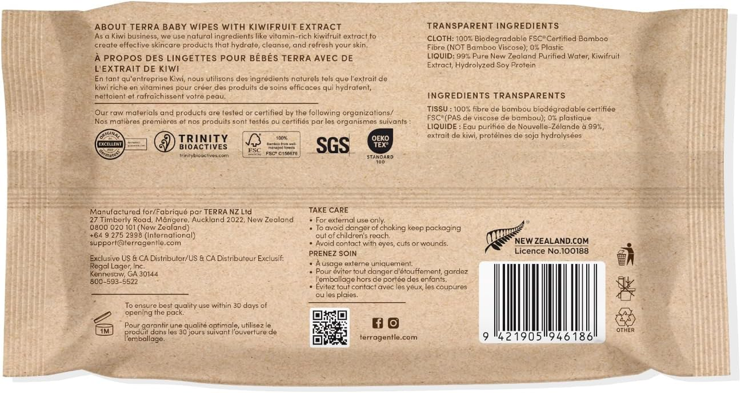 Terra Bamboo Baby Wipes: Kiwifruit Extract, 99.5% Pure New Zealand Water, 100% Biodegradable Bamboo Fiber, 0% Plastic, Unscented Baby Wipes for Sensitive Skin, 12 Pack of 70 Wipes image number 1