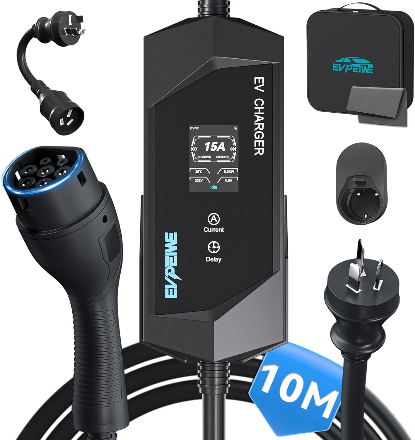 EVPEIWE Type 2 EV Charger 10A/15A EV Charging Cable with Australian 15A Plug/10A Adapter Adjustable Current Portable Type 2 Charger for Tesla BYD MG All IEC-62196 Evs, Black/5M