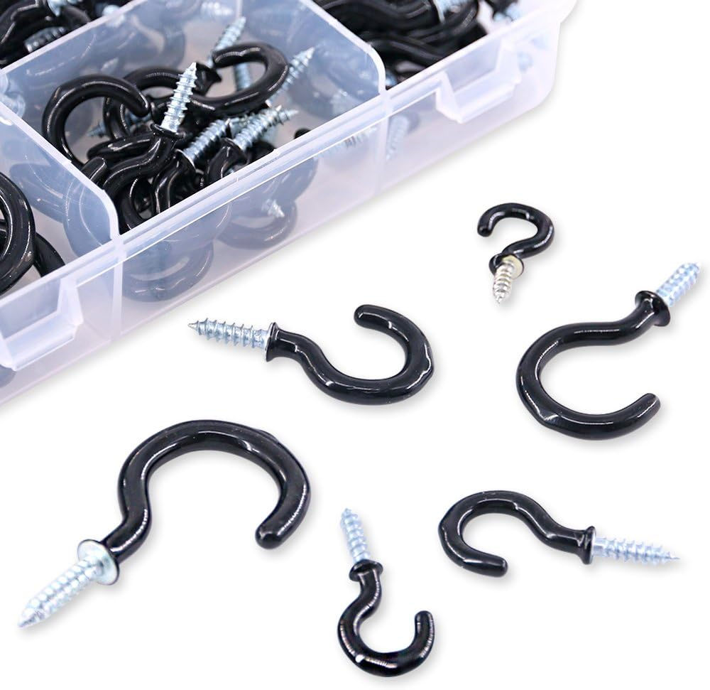 Swpeet 100Pcs Black 6 Sizes Cup Hook Kit, Vinyl Coated Ceiling Screw Mug Holder for Home, Office and Workplace - 1/2", 5/8", 3/4", 7/8", 1", 1-1/4" (Black) - Black image number 5