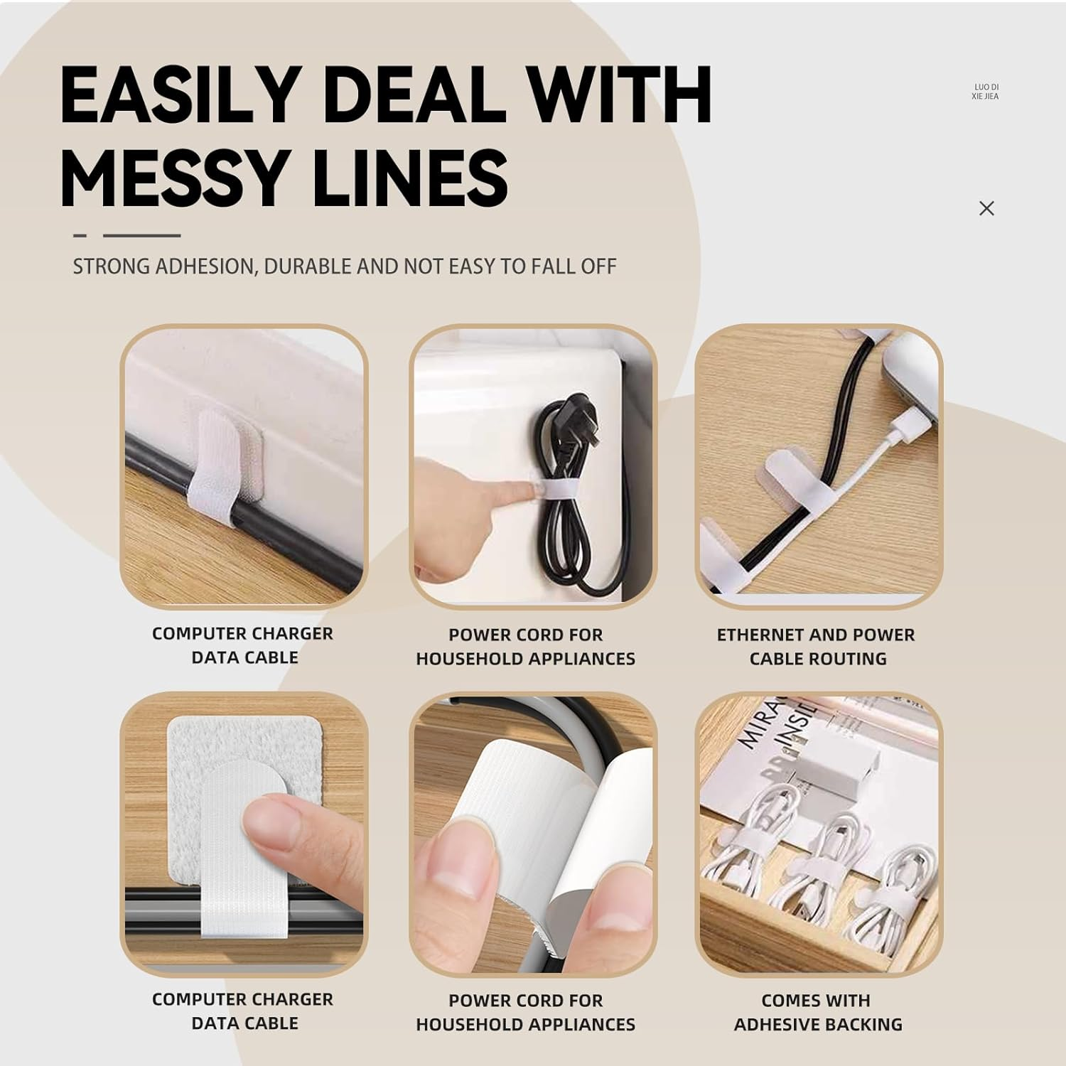 60 Pack Self Adhesive Cable Ties Reusable Fastening and Organizing Data Cables Cable Management Ties Suitable for Headphones Mobile Phones and Electronic Devices under the Table(Black,White,Grey) image number 4