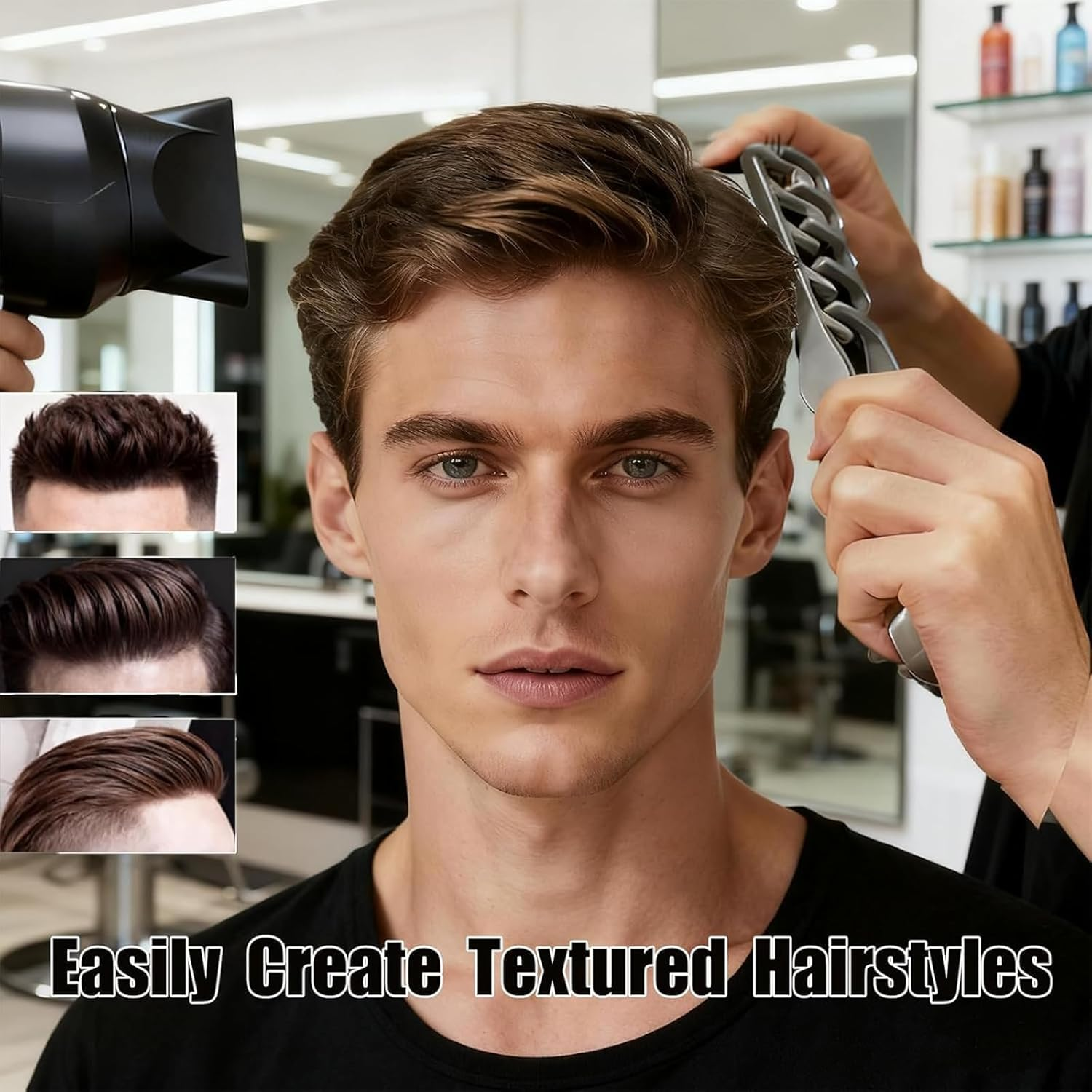 Styling Comb with Texture Comb, Volumising Wide-Tooth Hair Styling Comb, Detangling Comb with Wide Teeth, Hairline Volume Tool for Bangs Seam Grooming, Seam Care (Black)